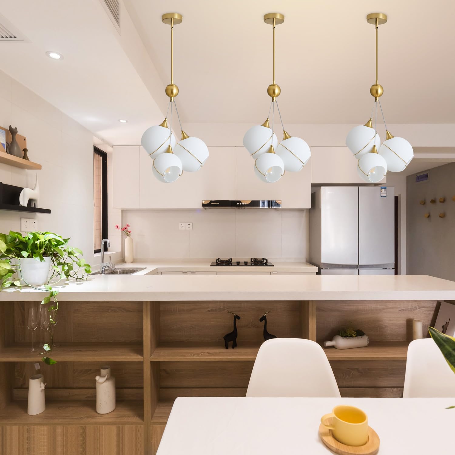 Modern Chandelier, Glass Pendant Lights Kitchen Island, Kitchen Pendant Lighting Over Island, Mid Century Matte Black Chandelier with Milk White Glass Globe Shades