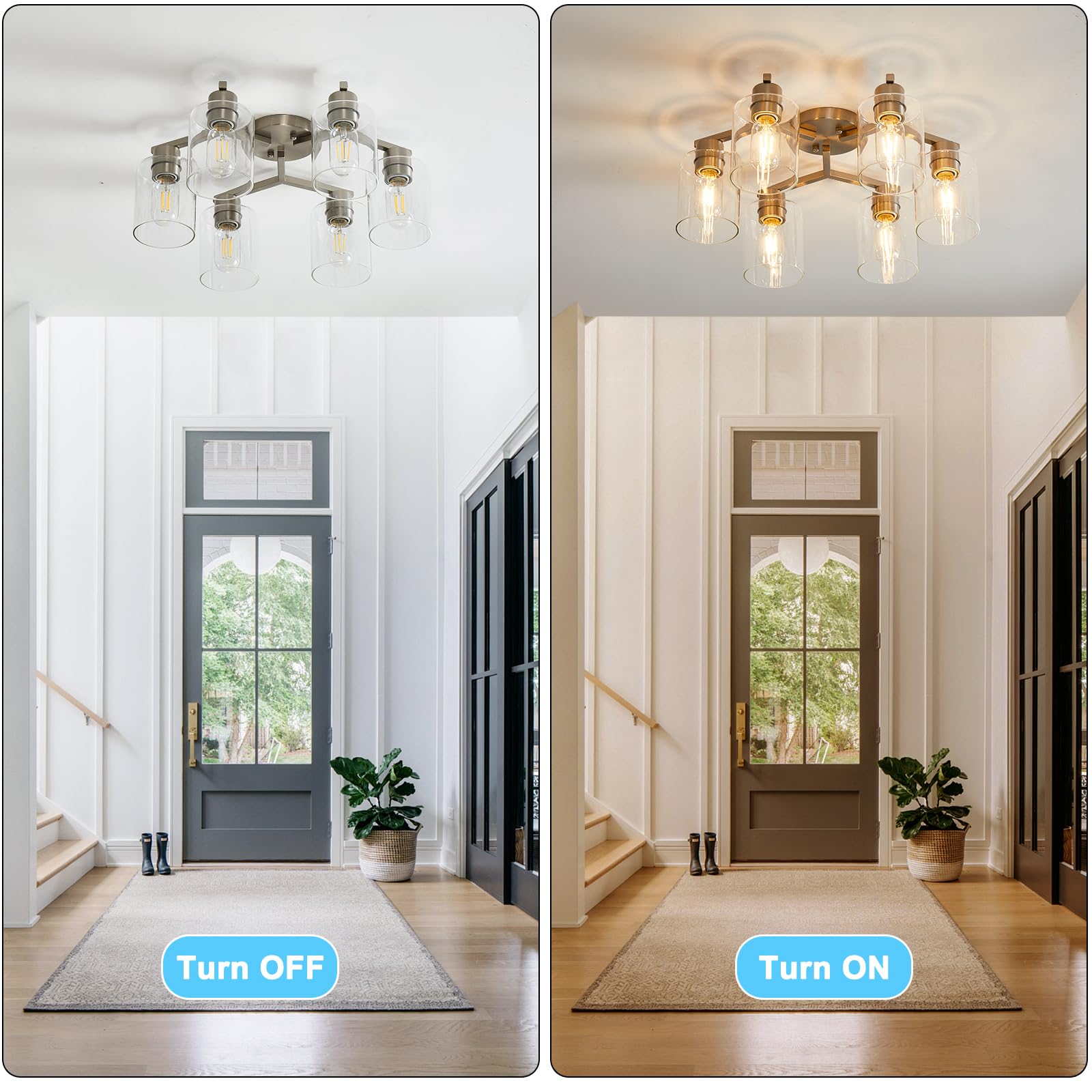 6 Light Semi Flush Mount Ceiling Light, Kitchen Lighting Fixtures Ceiling, Industrial Black Ceiling Light Fixtures with Clear Glass Shade for Hallway, Foyer, Farmhouse, Bedroom, Living Room