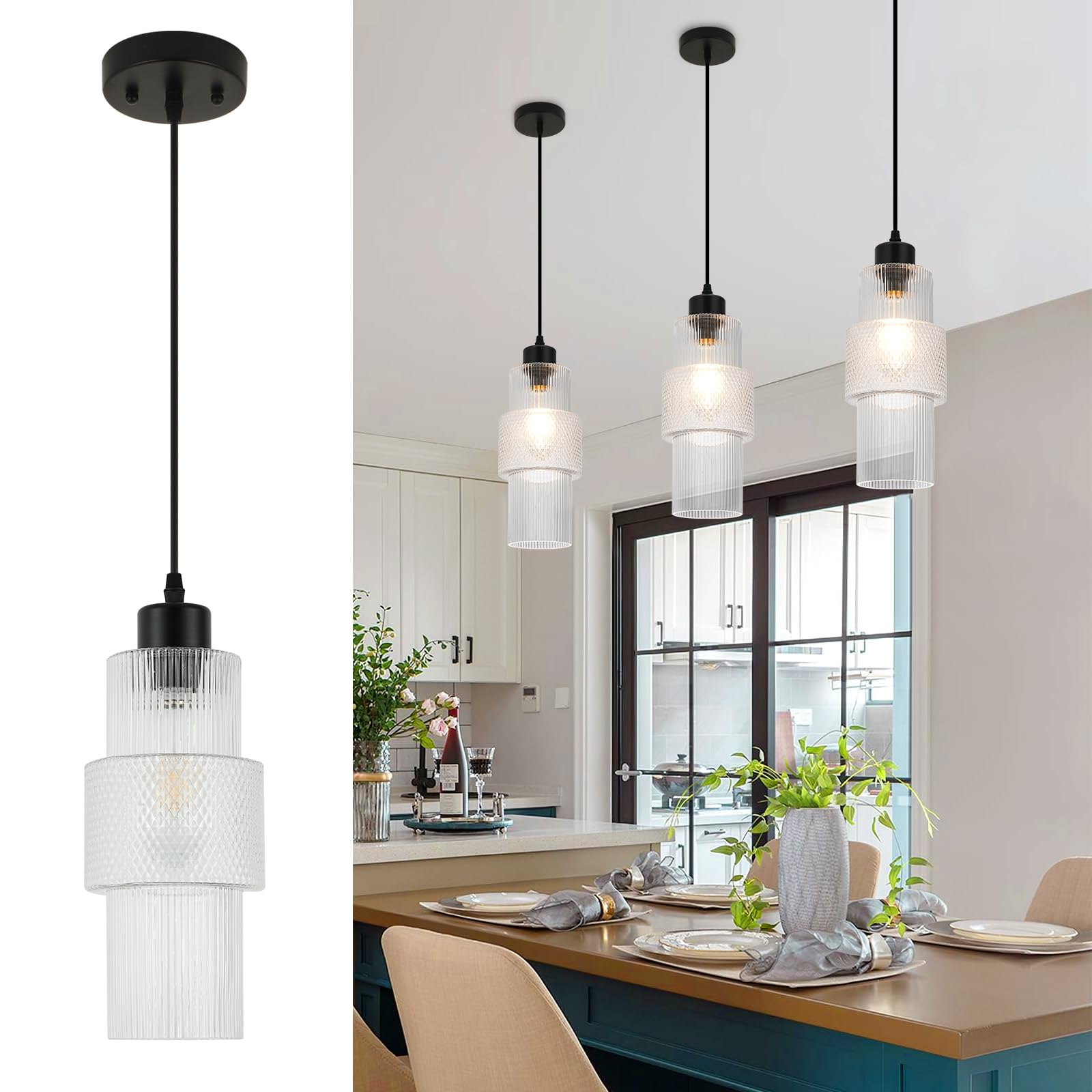 Modern Pendant Light Fixture Farmhouse Hanging Light with Clear Glass Shade, Industrial Black and Gold Pendant Lighting for Kitchen Island Dining Room Bedroom