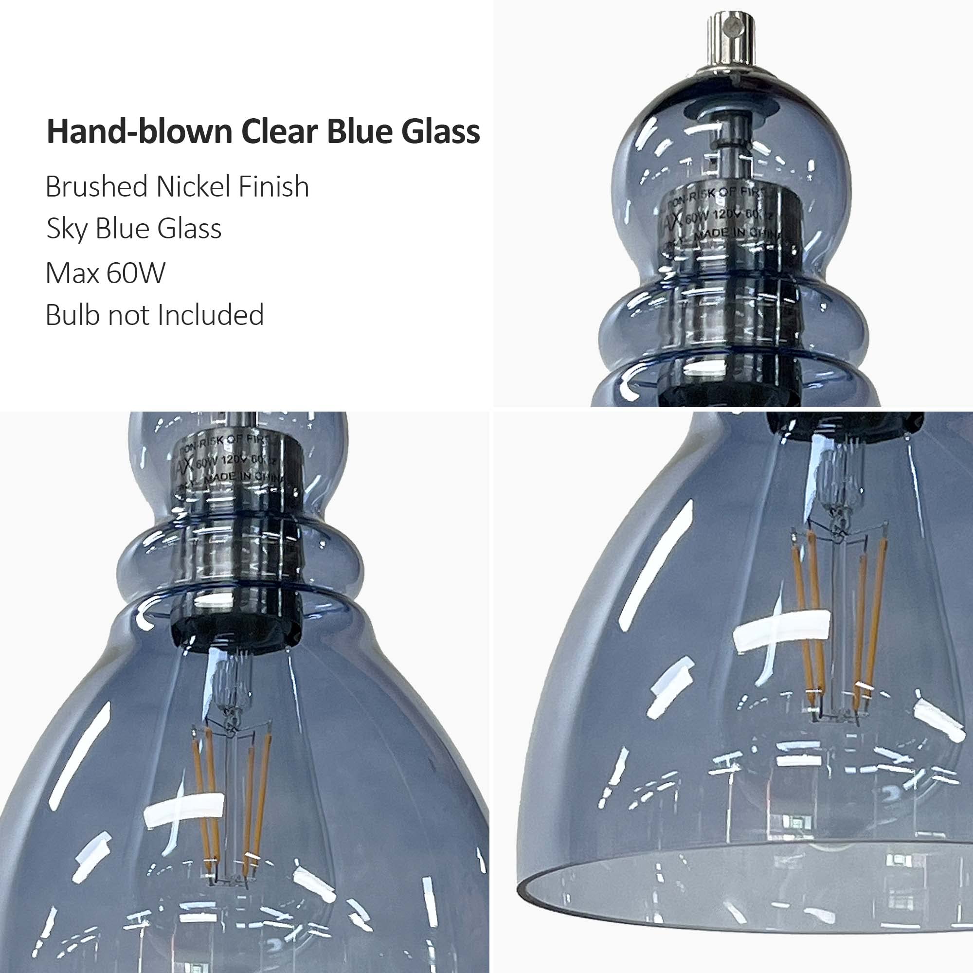 Blue Glass Pendant Lights for Kitchen Island: Modern Industrial Hanging Ceiling Light Fixture with 6.5'' Handblown Clear Glass Shade for Farmhouse Bedroom Dining Room Sink Bar 2 Packs