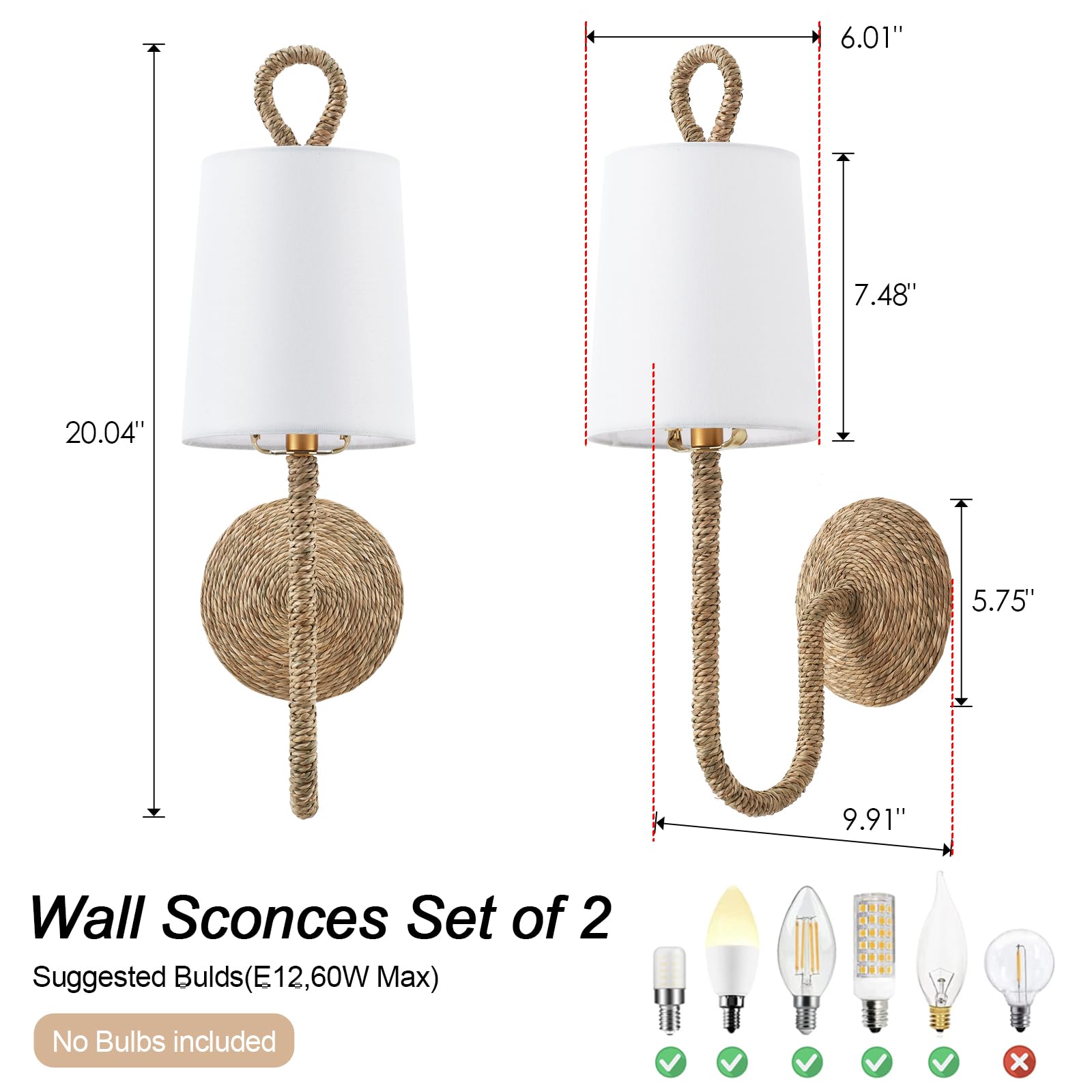 Natural Rattan Wall Sconce Set of 2, with Boho Woven Wicker and Creamy-White Fabric Shade for Vanity Stairway Fireplace Living Room Bedside Passway Hallway