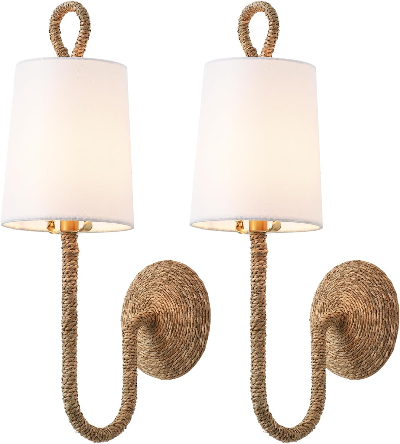 Natural Rattan Wall Sconce Set of 2, with Boho Woven Wicker and Creamy-White Fabric Shade for Vanity Stairway Fireplace Living Room Bedside Passway Hallway