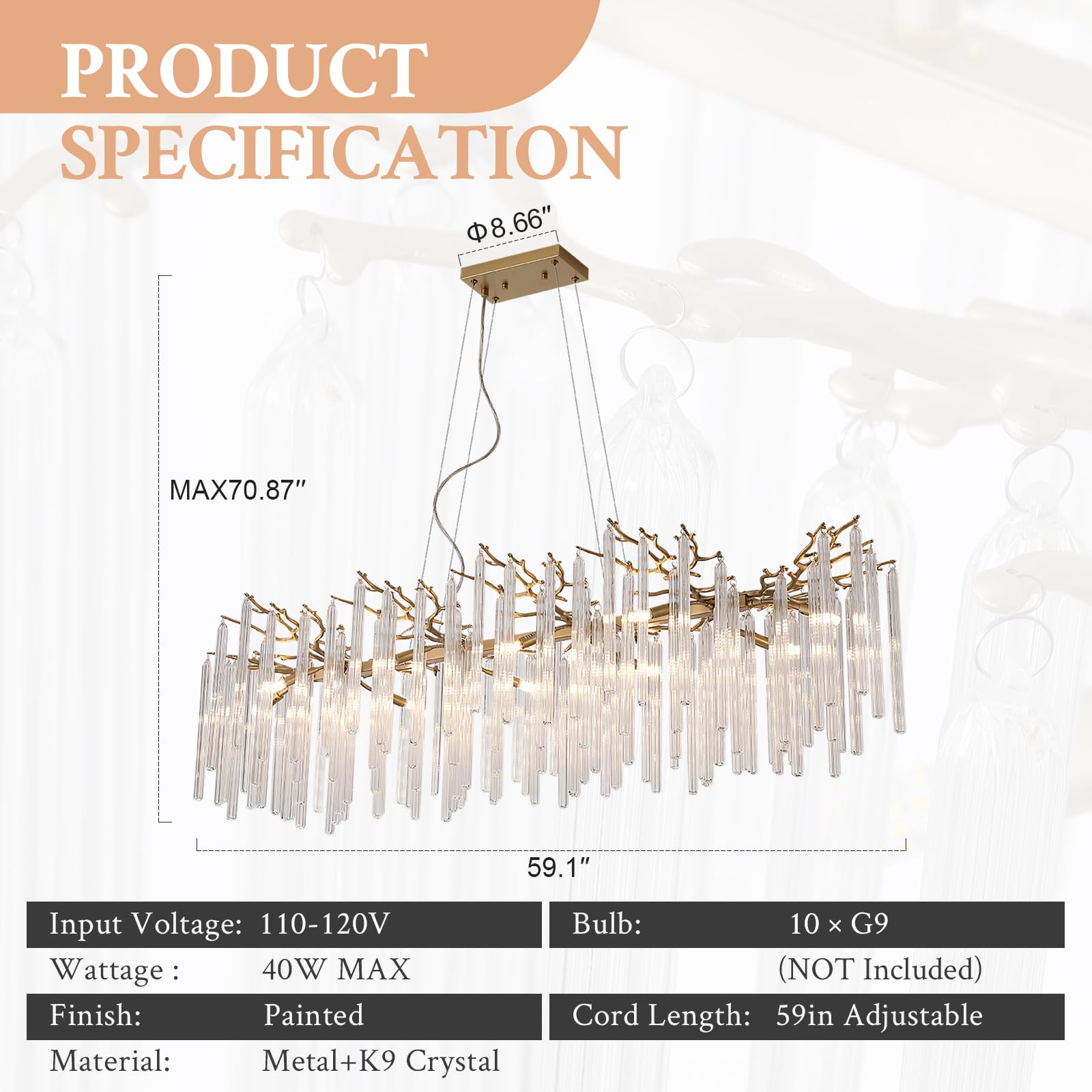 Modern Tree Branch Crystal Chandelier Luxury Gold Raindrop Pendant Lighting 23.6" Contemporary 8-Light Chandeliers for Dining Room Kitchen Bedroom Living Room