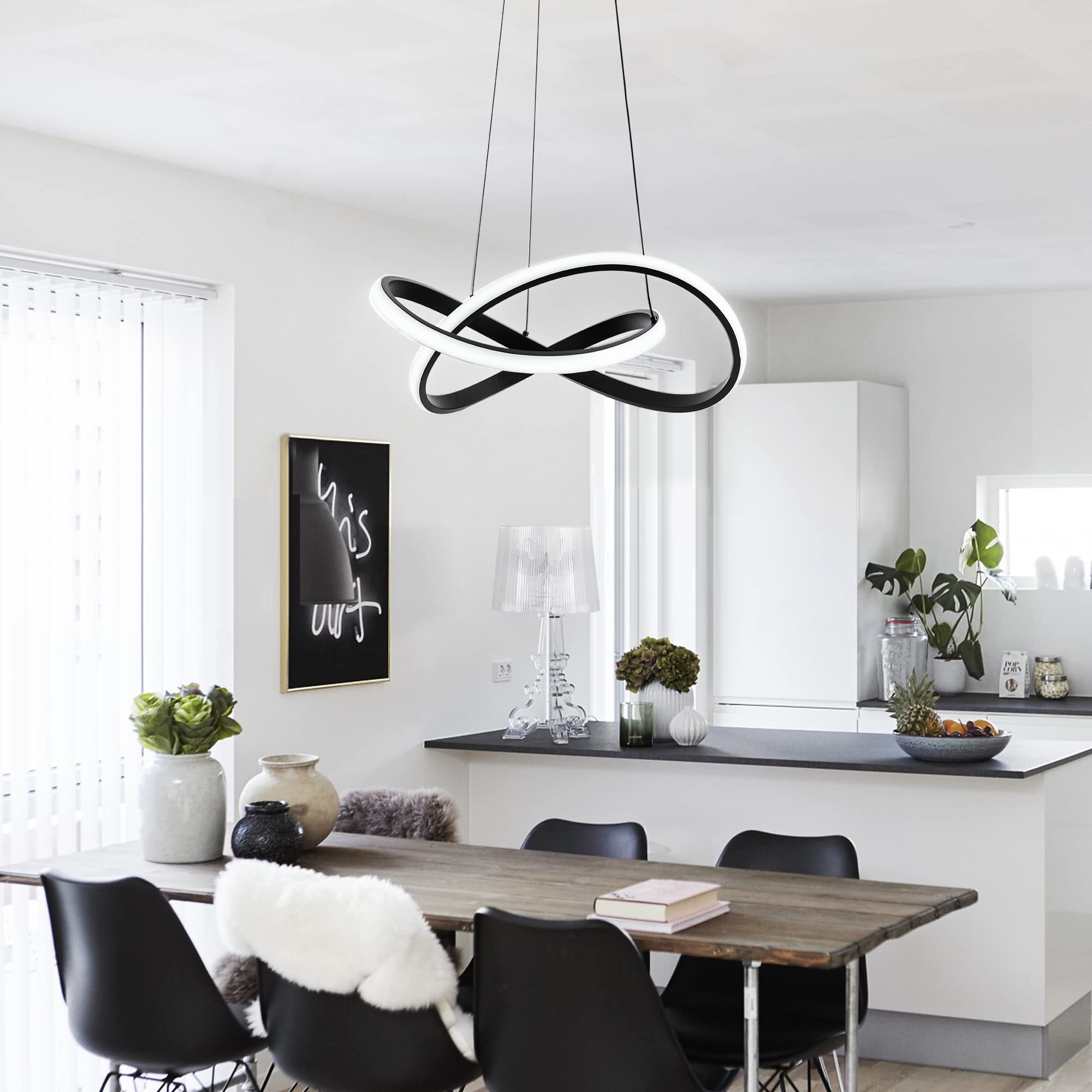 Modern LED Chandelier, LED Pendant Light in Wood Finish, Adjustable Height Chandeliers with Irregular Ring, Modern Chandeliers for Dining Room Kitchen Island Living Room Bedroom, 6000K Daylight