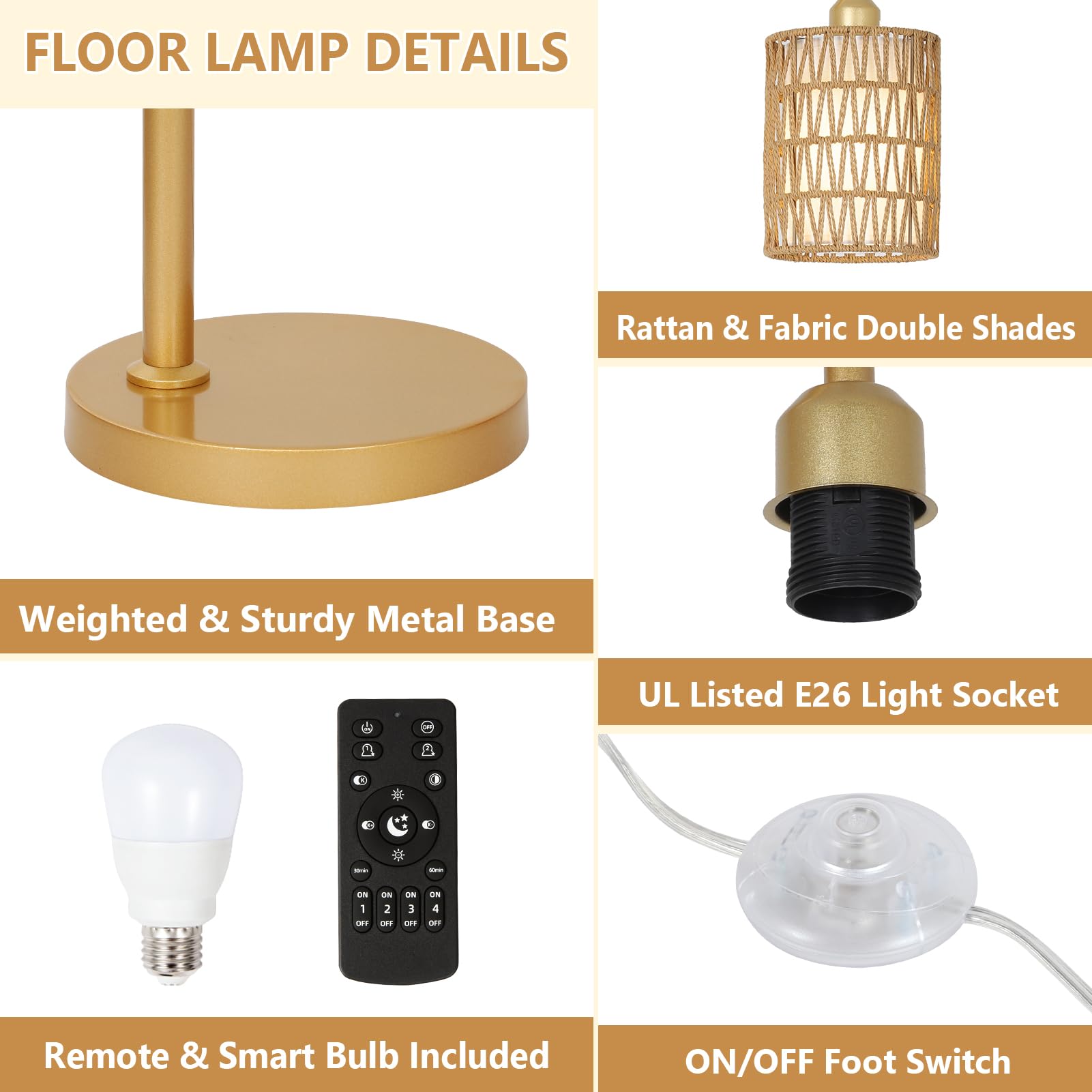 Modern Gold Floor Lamps for Living Room, Boho Rattan Floor Lamp with Remote & Dimmable LED Bulb, Farmhouse Standing Lamp with Rattan Shades, Minimalist Tall Pole Lamp for Bedroom Office