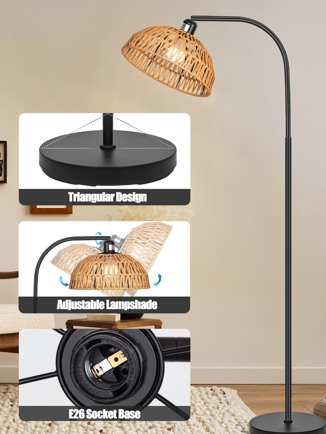 Rattan Floor Lamp- Boho Standing Lamp with Remote Control and Dimmable Bulb, Hand-Worked Adjustable Rattan Shades, Black Farmhouse Tall Lamp, Boho Arc Floor Lamps for Living Room, Bedroom, Office