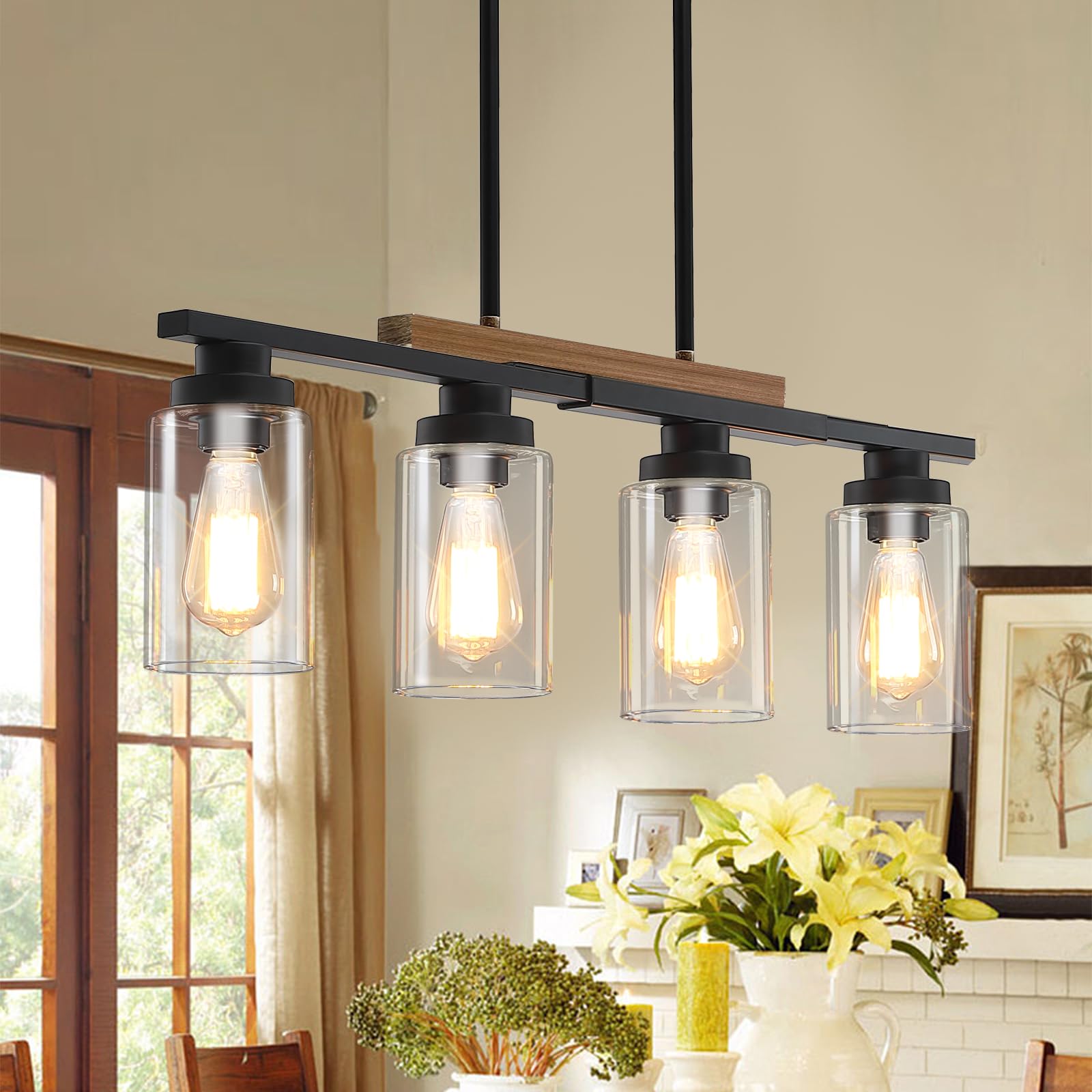 Farmhouse Kitchen Island Lighting,5-Light Dining Room Light Fixtures Over Table Linear Chandelier Pendant Lighting with Glass Shade and Adjustable Rods for Dining Table Living Room