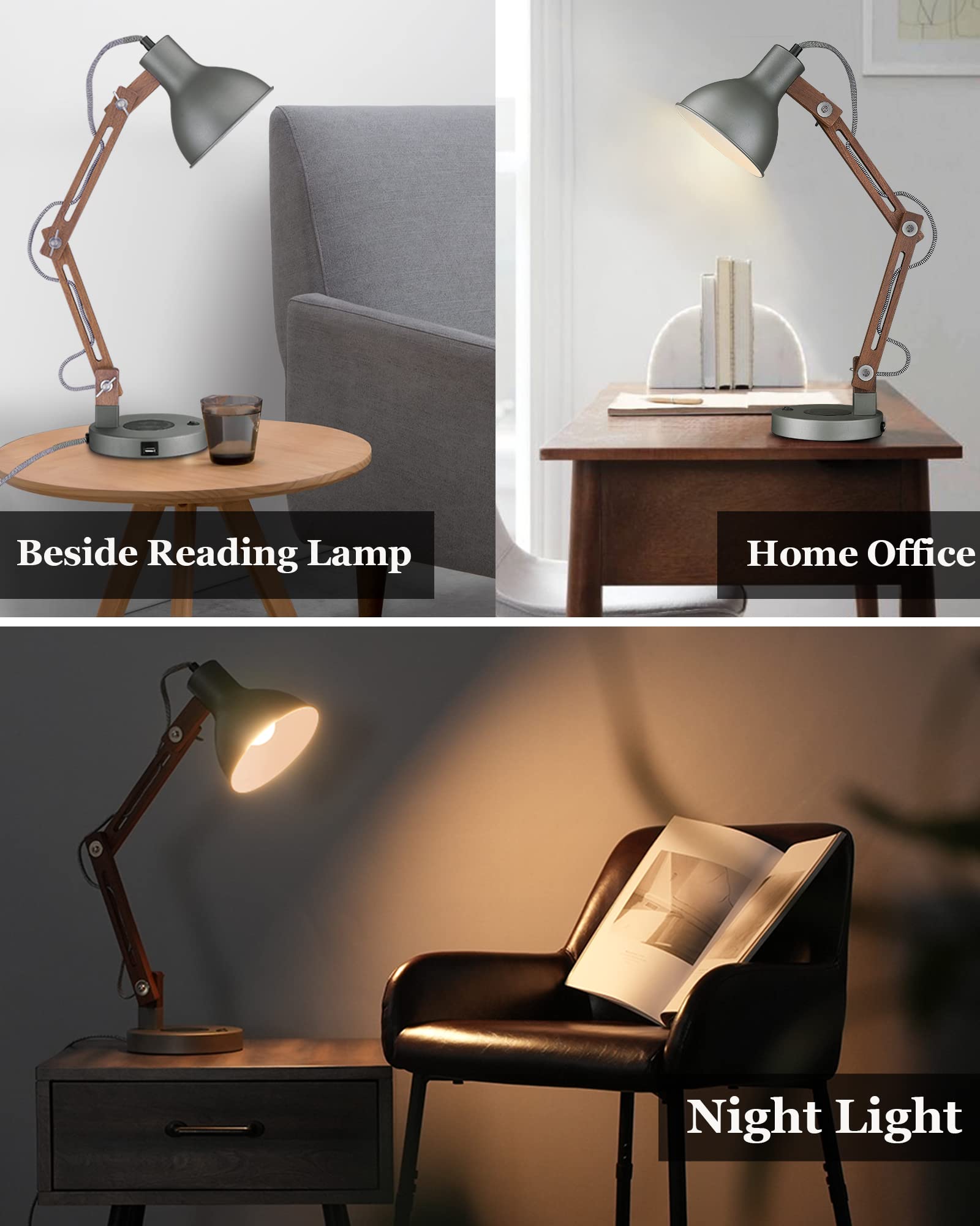 Industrial Table Lamp, Sapele Wood Desk Lamp with Upgraded Wireless Charger & USB C Port, Swing Arm Reading Task Light for Farmhouse, Dorm Office, Bedroom Livingroom, LED Bulb Included, Grey