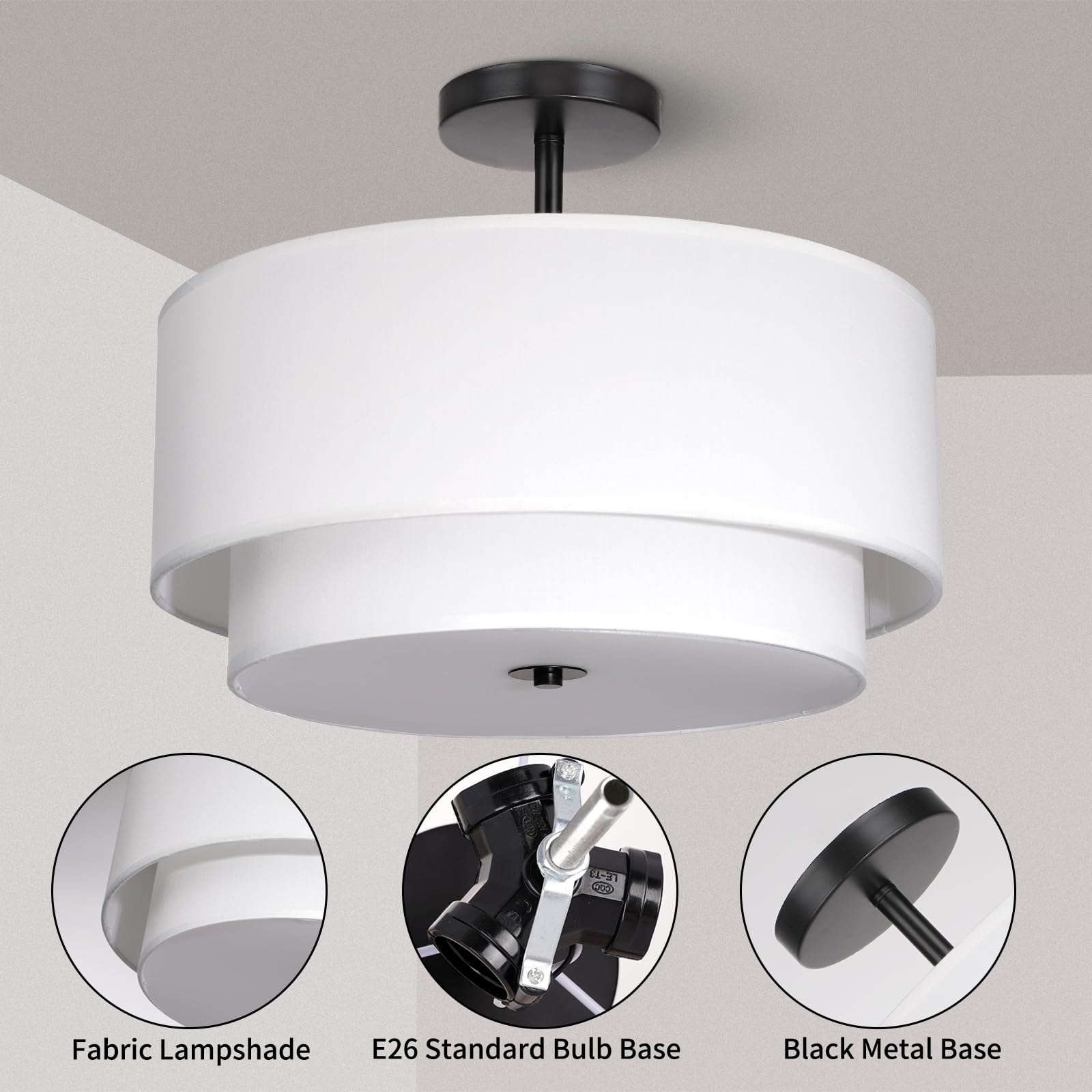 Modern Semi Flush Mount Ceiling Light - Easric Light Fixtures Ceiling Mount Hallway Light Fixtures Ceiling with Black 2-Layer Fabric Shade Drum Ceiling Lights for Bedroom,Dining Room,Kitchen,Foyer