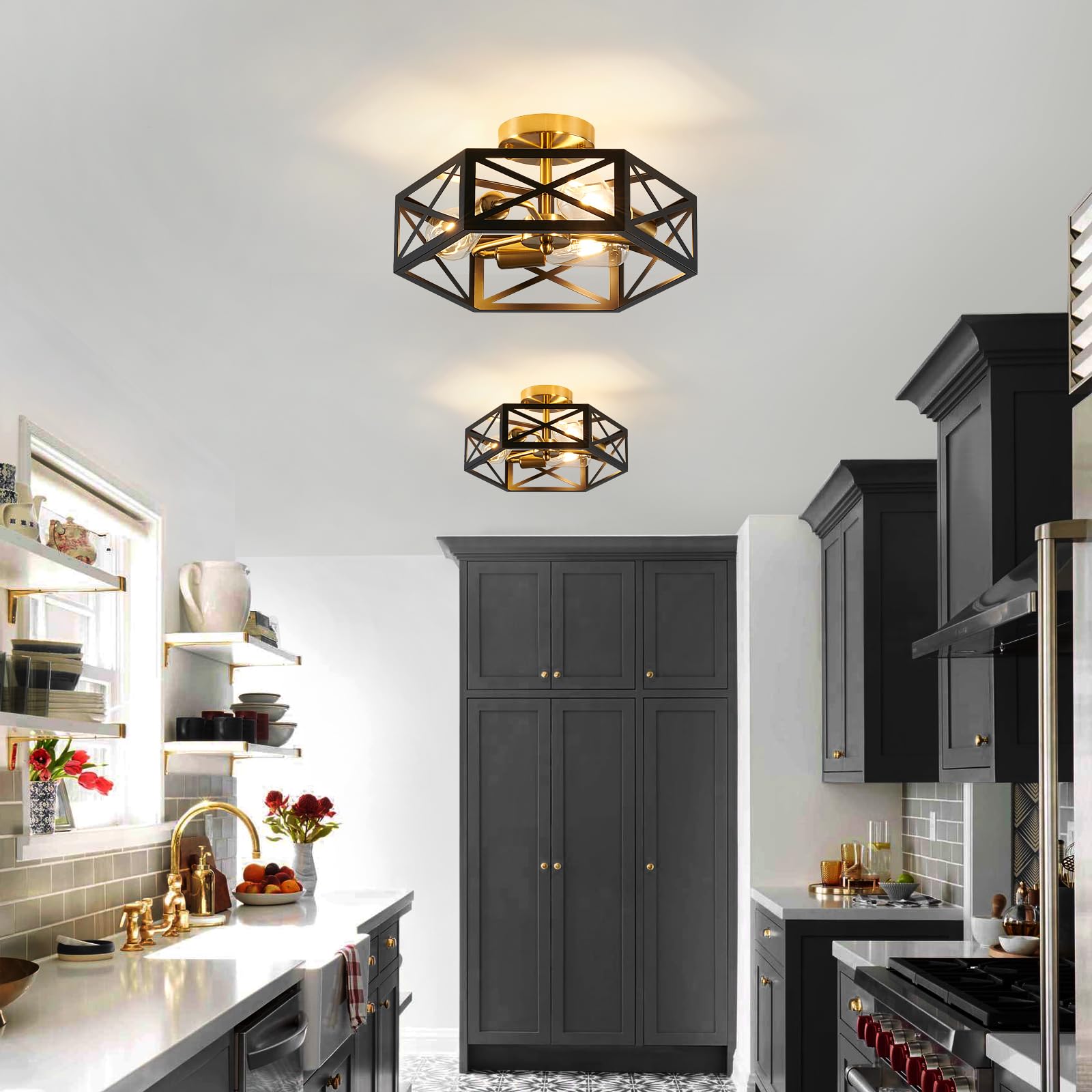 Semi Flush Mount Ceiling Light Fixture, Modern Farmhouse 3-Light Black Ceiling Light, Industrial Close to Ceiling Light with Metal Hexagon Cage Ceiling Lamp for Kitchen, Hallway, Bathroom