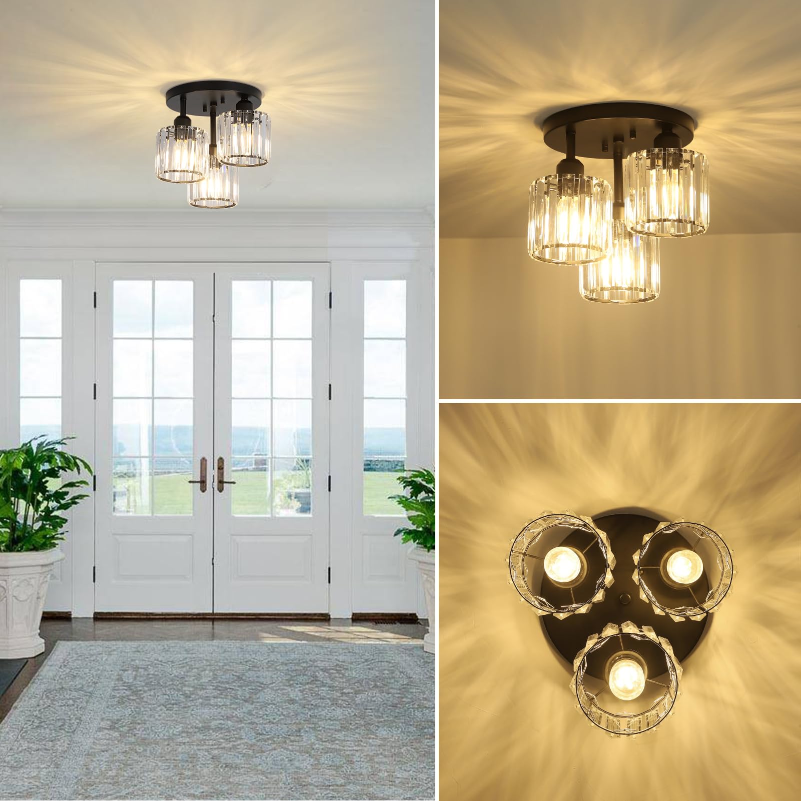 Modern Semi Flush Mount Ceiling Light,3-Light Crystal Close to Ceiling Light Fixtures,Golden Kitchen Light Fixtures with Clear Crystal Shade,Hallway Light Fixtures for Hallway Bedroom Bathroom