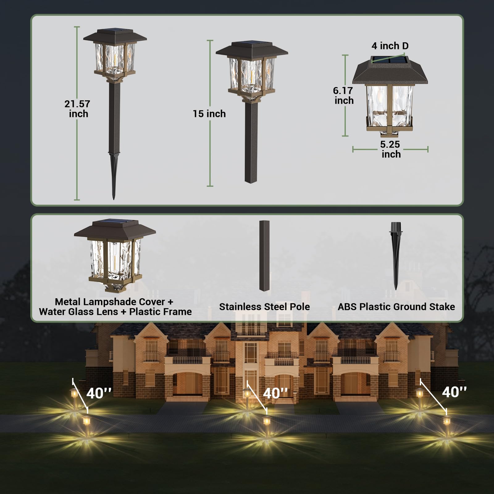 Solar Lights Outside - 6 Pack Solar Lights Outdoor Waterproof, 2 Tone-Bronze & Wood Color, 15 LM LED Auto On/Off Glass Outdoor Solar Lights for Yard Garden Pathway Walkway Driveway(Warm White)