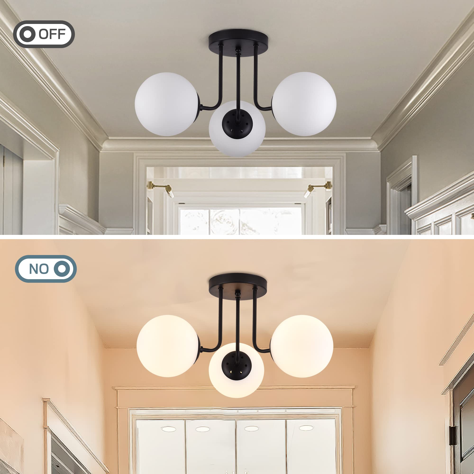 KoKo&Yukina 3-Light Semi Flush Mount Ceiling Light Globe Ceiling Light Mid Century Ceiling Light with Opal Milk Glass Globe & Brushed Brass for Bedroom Hallway Entryway Kitchen Living Room-Bulb Incl