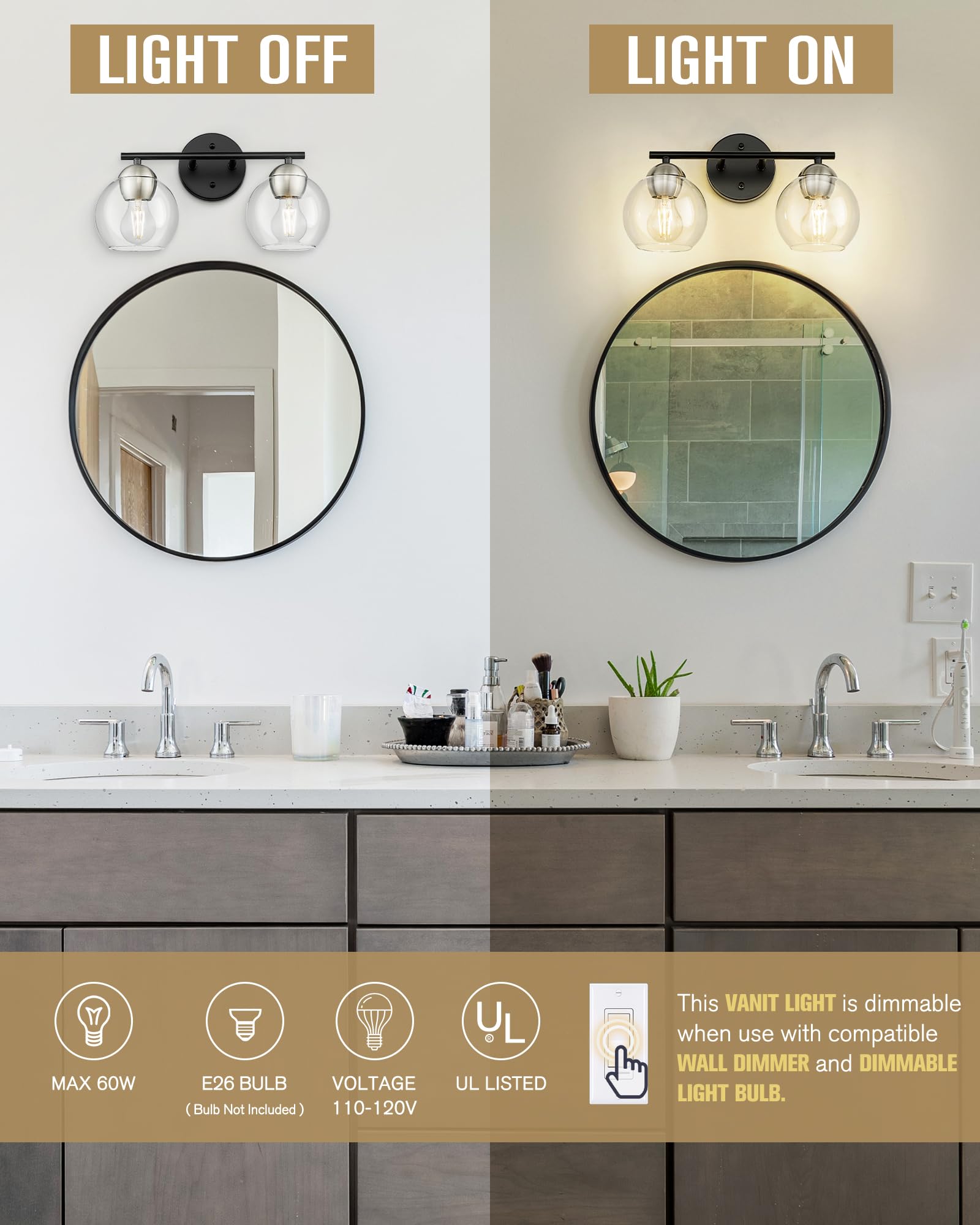 Black Vanity Lights for Mirror, Modern Farmhouse 2-Light Bathroom Light Fixtures Globe Bathroom Vanity Light with Milk Glass Shade, VL114-BK-ML-2