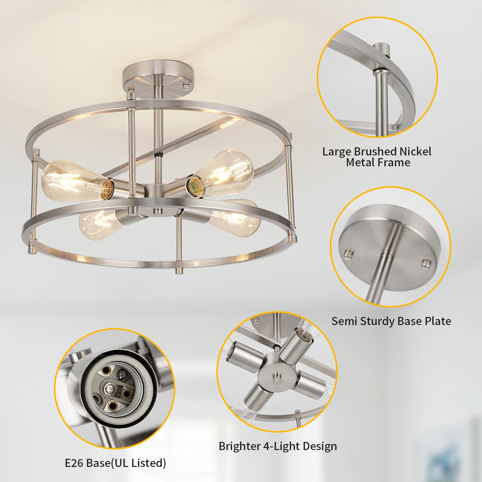 Semi Flush Mount Ceiling Light Brushed Nickel Ceiling Light Fixtures 3-Light Modern Kitchen Light Fixtures Metal Cage Ceiling Lights for Bedroom Dining Room Living Room Hallway Foyer