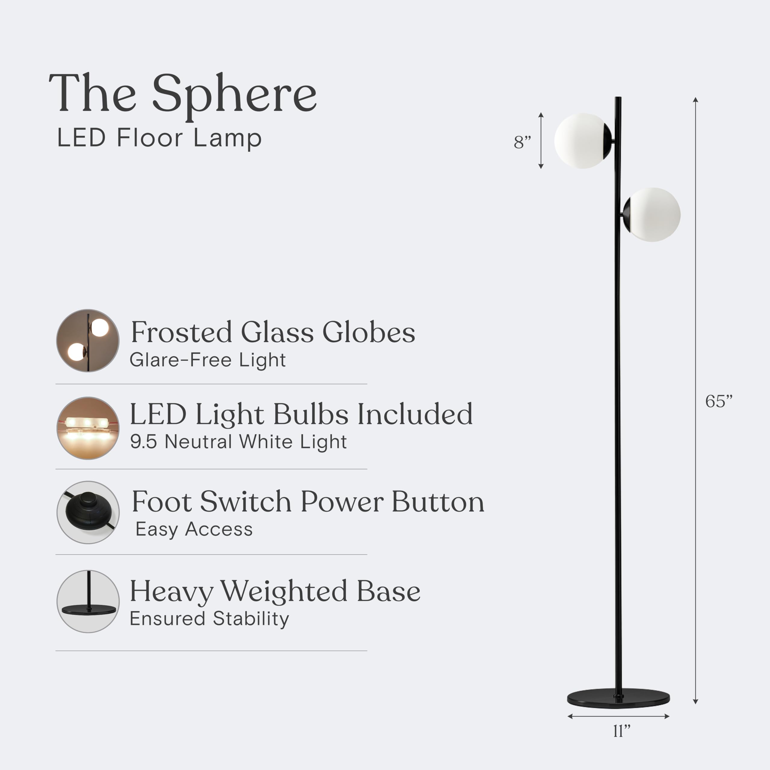 Brightech Sphere - Mid Century Modern 2 Globe Floor Lamp for Living Room Bright Lighting - Contemporary LED Standing Light for Bedrooms & Offices - Black Indoor Pole Light