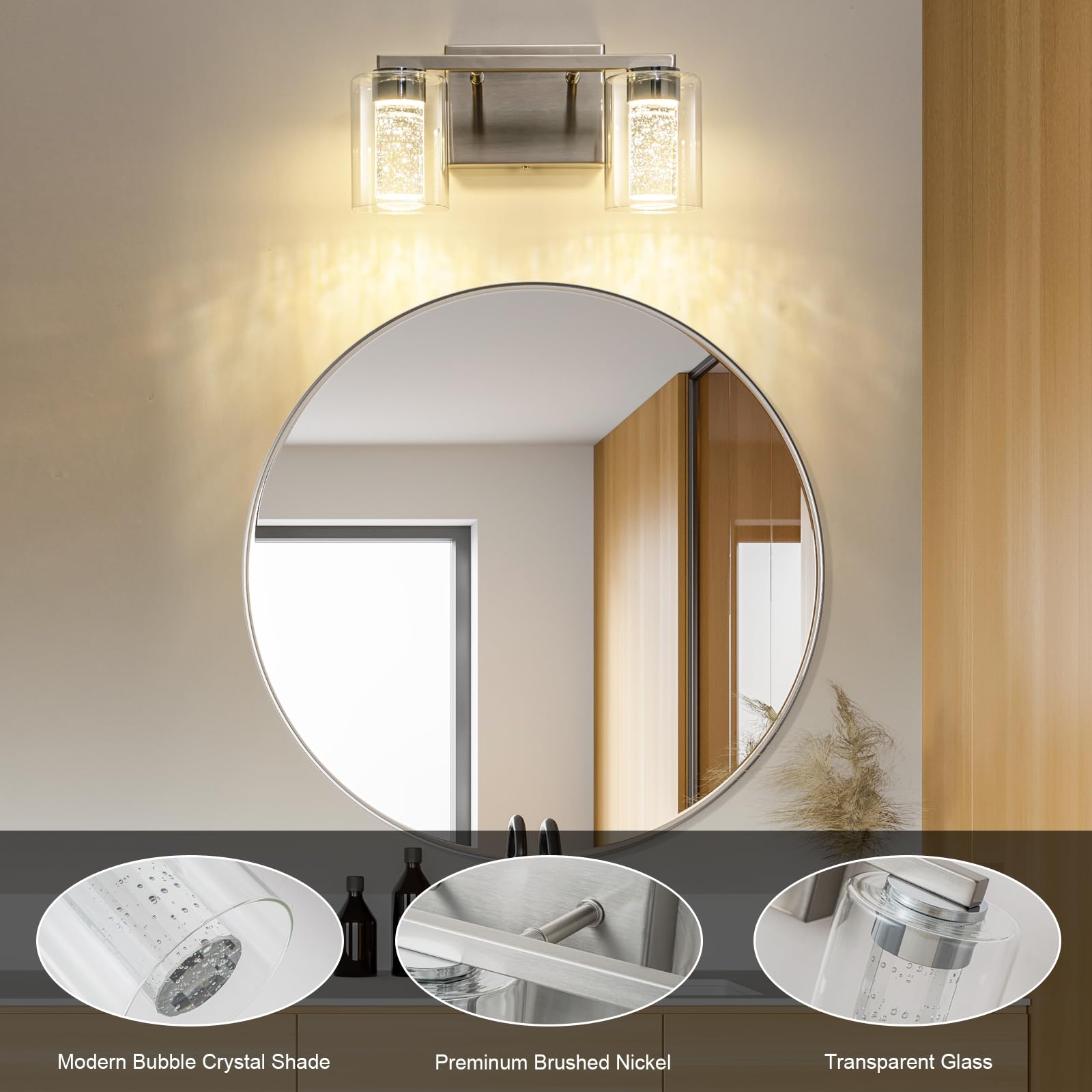 2-Light Brushed Nickel Vanity Light with 3 Color Modes (3000K/4000K/6000K), Eye Protection LED Bathroom Light Fixture, Dimmable Modern Wall Light Over Mirror with Clear Glass Shade