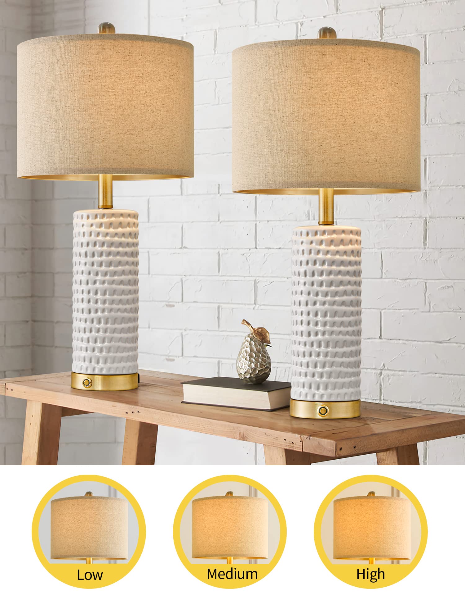 24" Farmhouse Ceramic Table Lamp Set of 2 for Bedroom Living Room White Desk Decor Bedside Lamps for Study Room Office Dorm Modern Accent Nightstand Lamp End Table Lamps