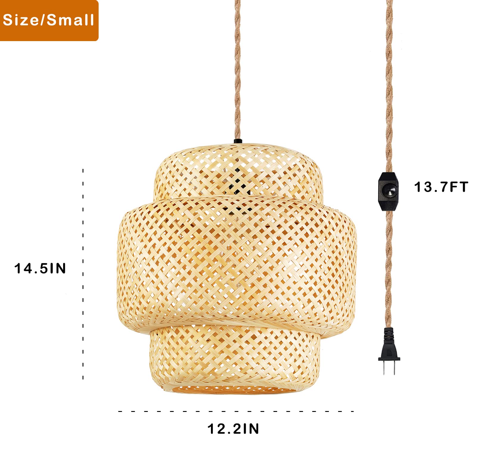 Plug in Pendant Light Rattan Hanging Lights with Plug in Cord Bamboo Hanging Lamp Dimmable,Handmade Woven Boho Wicker Basket Lamp Shade,Plug in Ceiling Light Fixture for Living Room Bedroom Kitchen