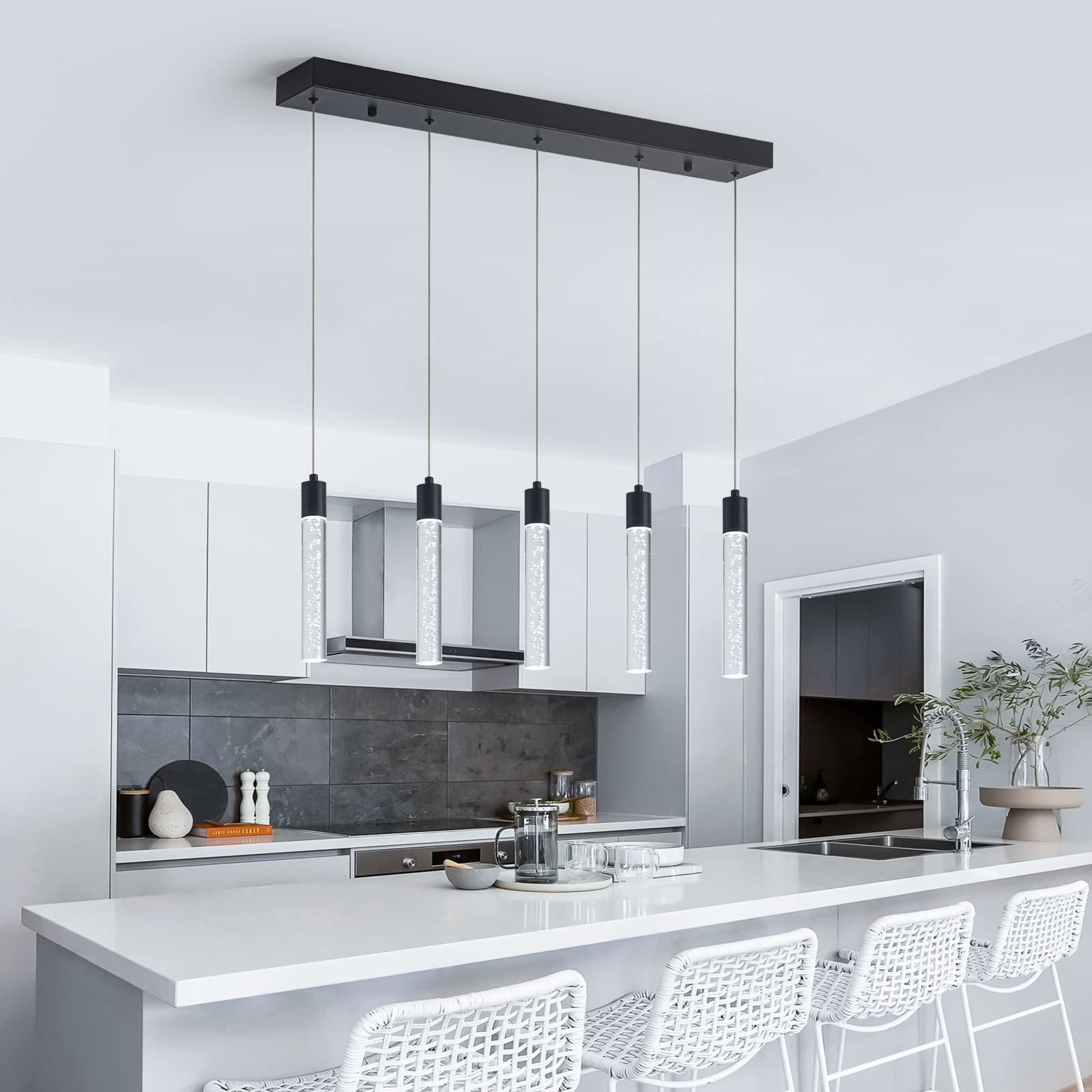 Modern Pendant Lighting 5-Light Linear Chandeliers Dimmable LED Pendant Lights Kitchen Island Lighting with Matte Black Finish and Acrylic Shades for Kitchen Island and Dining Room…