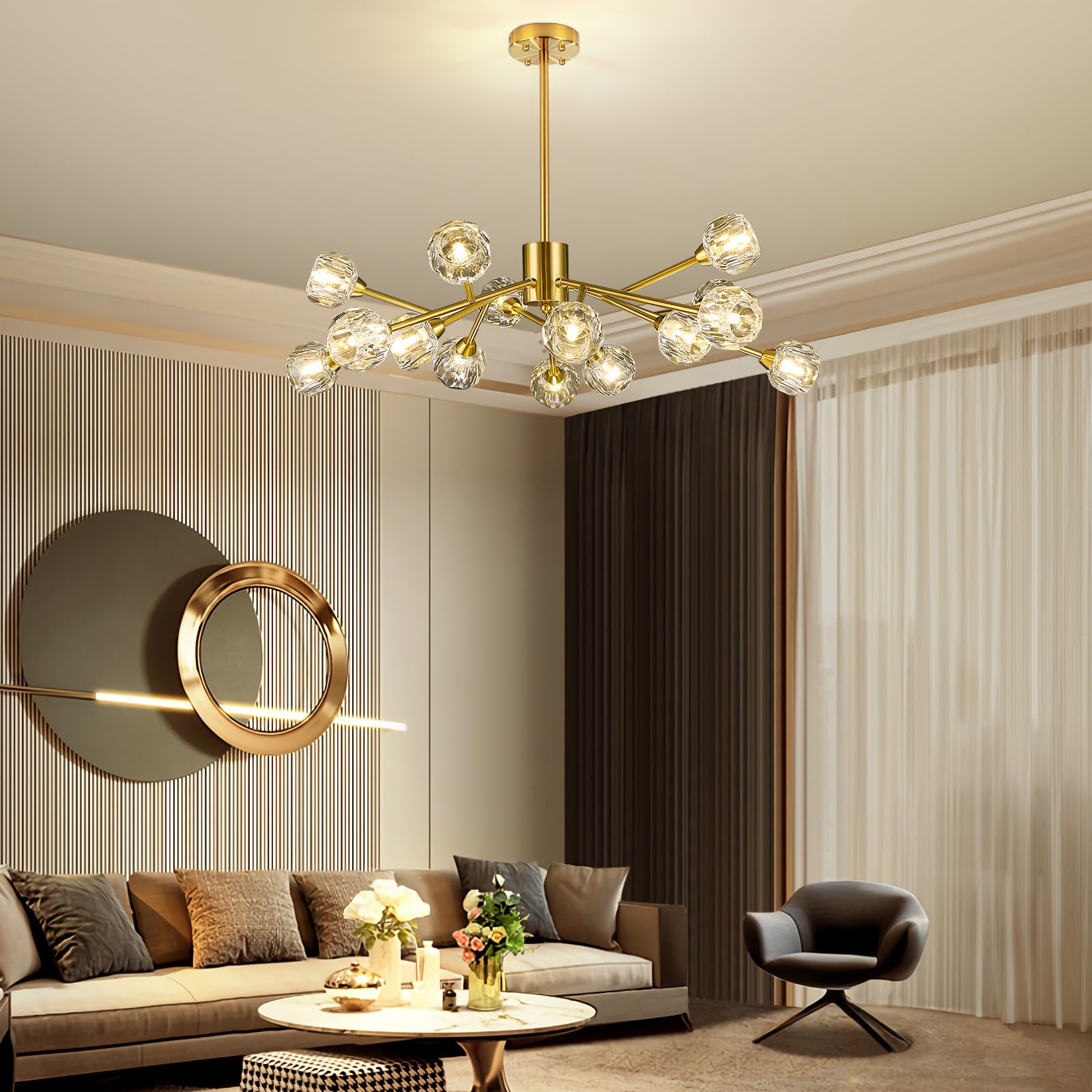 Sputnik Chandeliers for Dining Room Light Fixture, Modern Crystal Chandeliers, 9 Lights Gold Chandelier for Living Room Bedroom, Dining Room Chandelier Over Table, Kitchen Light Fixtures