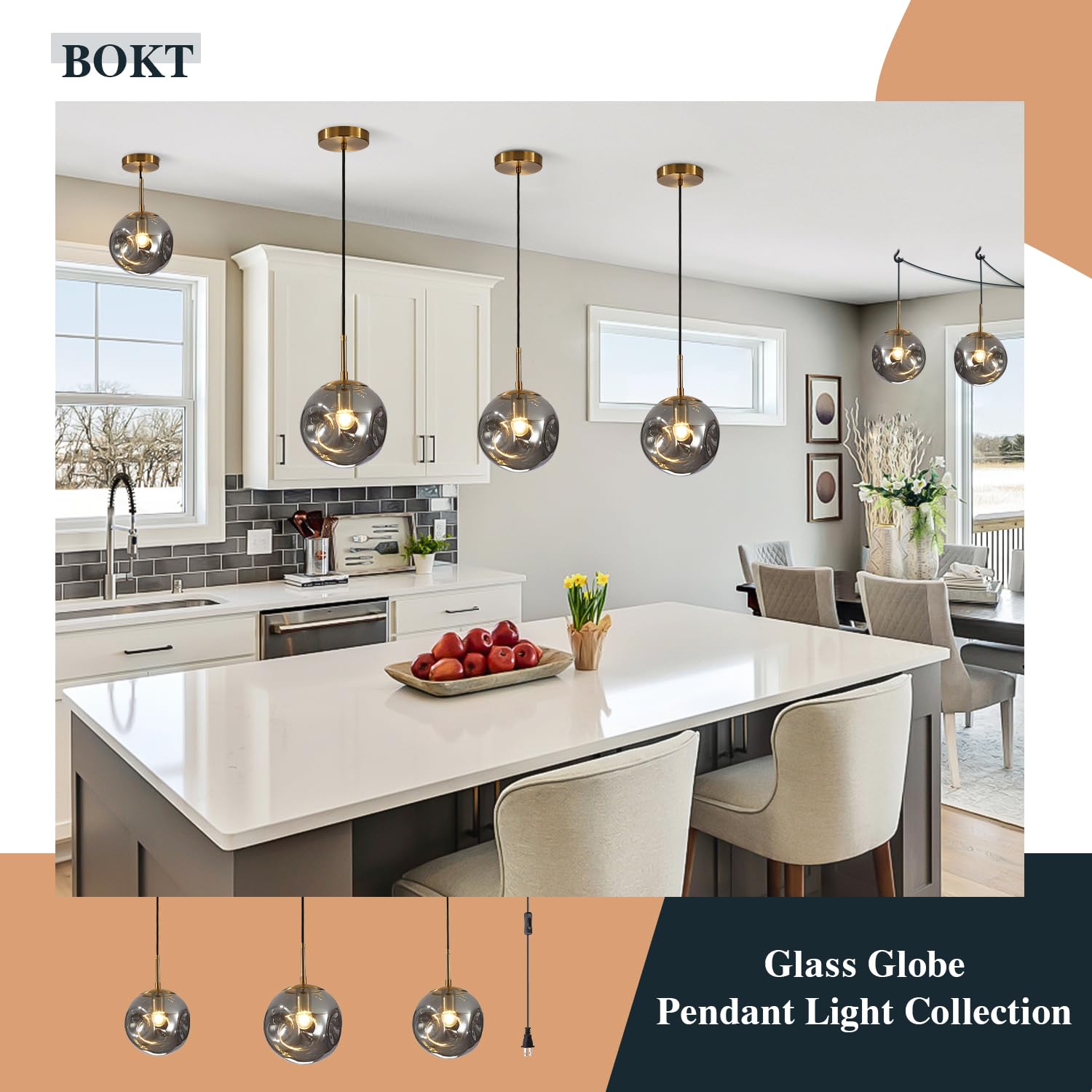 BOKT Modern Gold Kitchen Island Pendant Light Mid Century 3-Lights Globe Pendant Light Fixture Cluster Multi Light Pendant Lighting Bedside Glass Ball Pendant Lamp