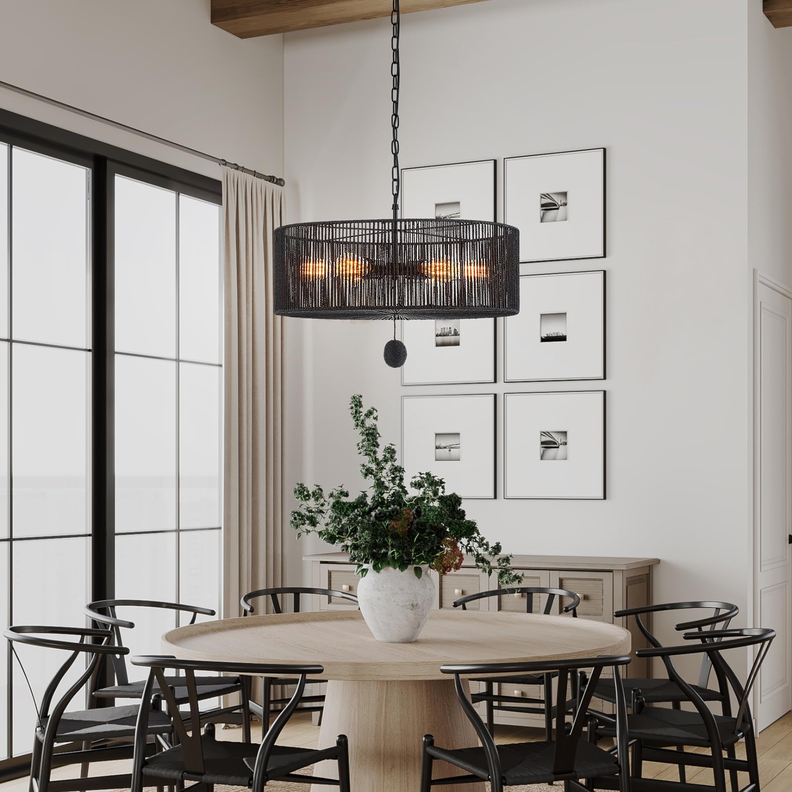 Hand-Woven Rattan Chandelier Vintage Farmhouse Boho Bamboo Chandelier Light Fixture Rustic Retro 5-Lights Drum Wicker Rattan Black Chandelier for Dining Room, Kitchen, Living Room, E12