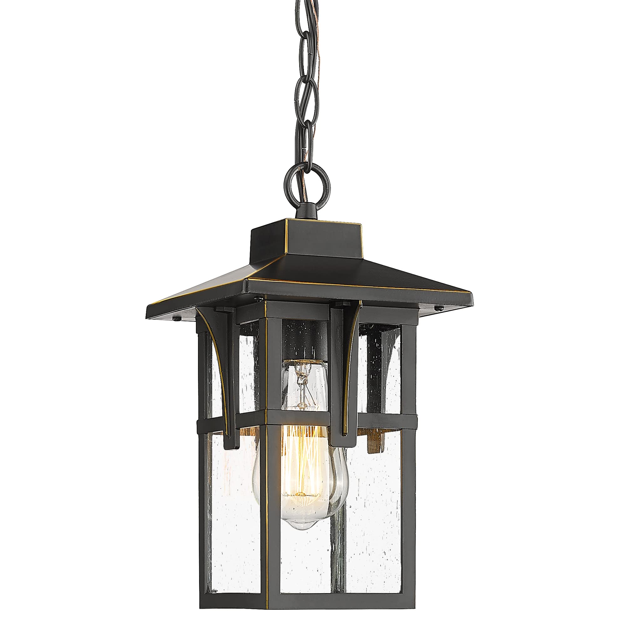 Outdoor Pendant Lights for Porch, HWH Exterior Hanging Porch Light, Farmhouse Outdoor Pendant Lighting with Height Adjustable Chain, Seeded Glass Shade, Matte Black Finish with Gold Edge, 5HX62H BG