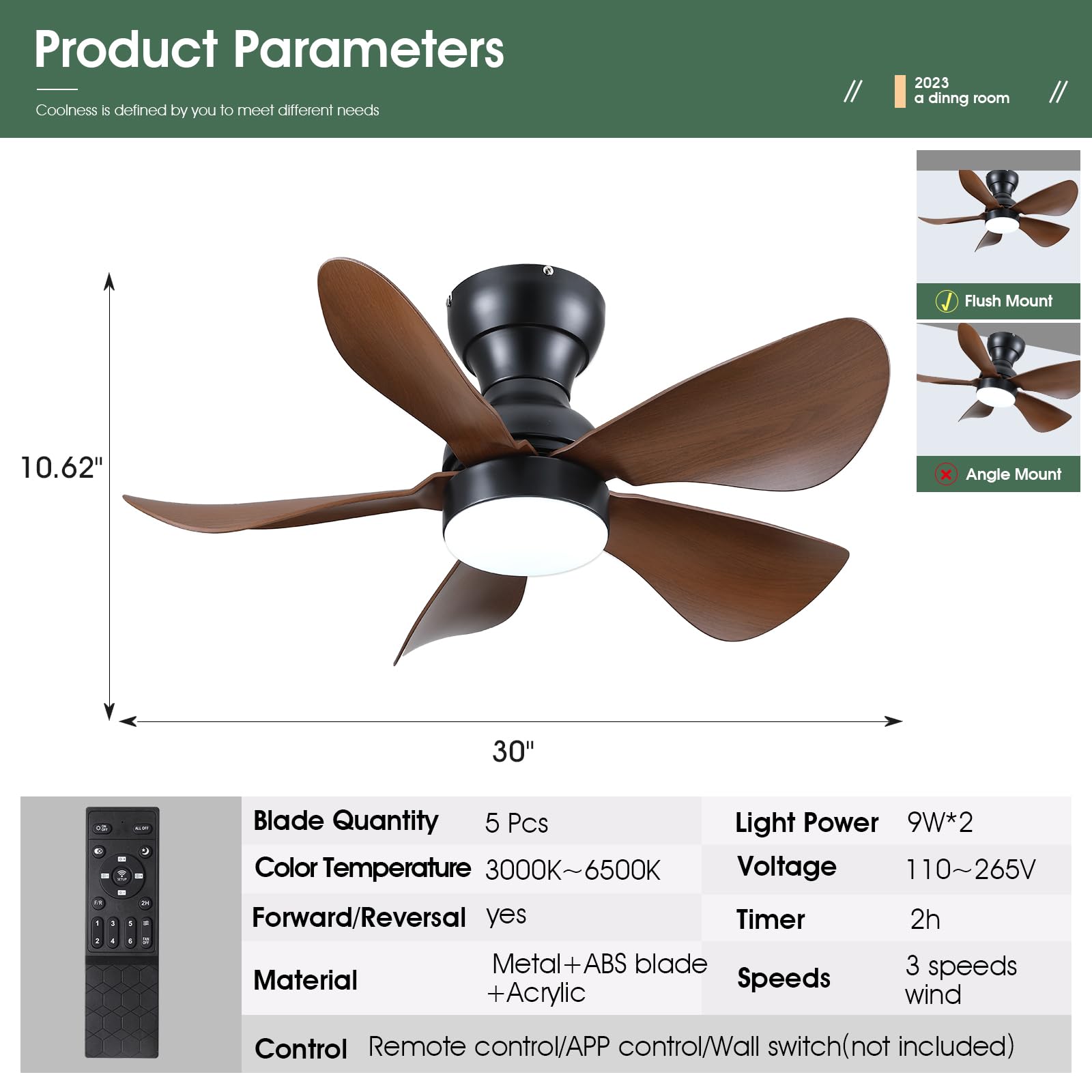 Ceiling Fans with Lights and Remote/APP Control, 30 inch Low Profile Ceiling Fans with 5 Reversible Blades 3 Colors Dimmable 6 Speeds Ceiling Fan for Bedroom Kitchen Dining Room, White