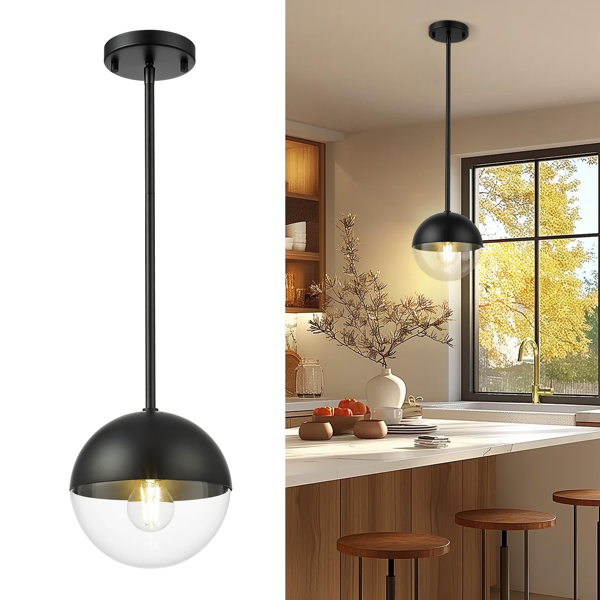 LMS Mid Century 3-Light Cluster Pendant Lights, Matte Black Kitchen Island Light Fixtures with White Globe Glass Shade, Adjustable Hanging Light for Home Office Bathroom Dining Room, LMS-186BK3