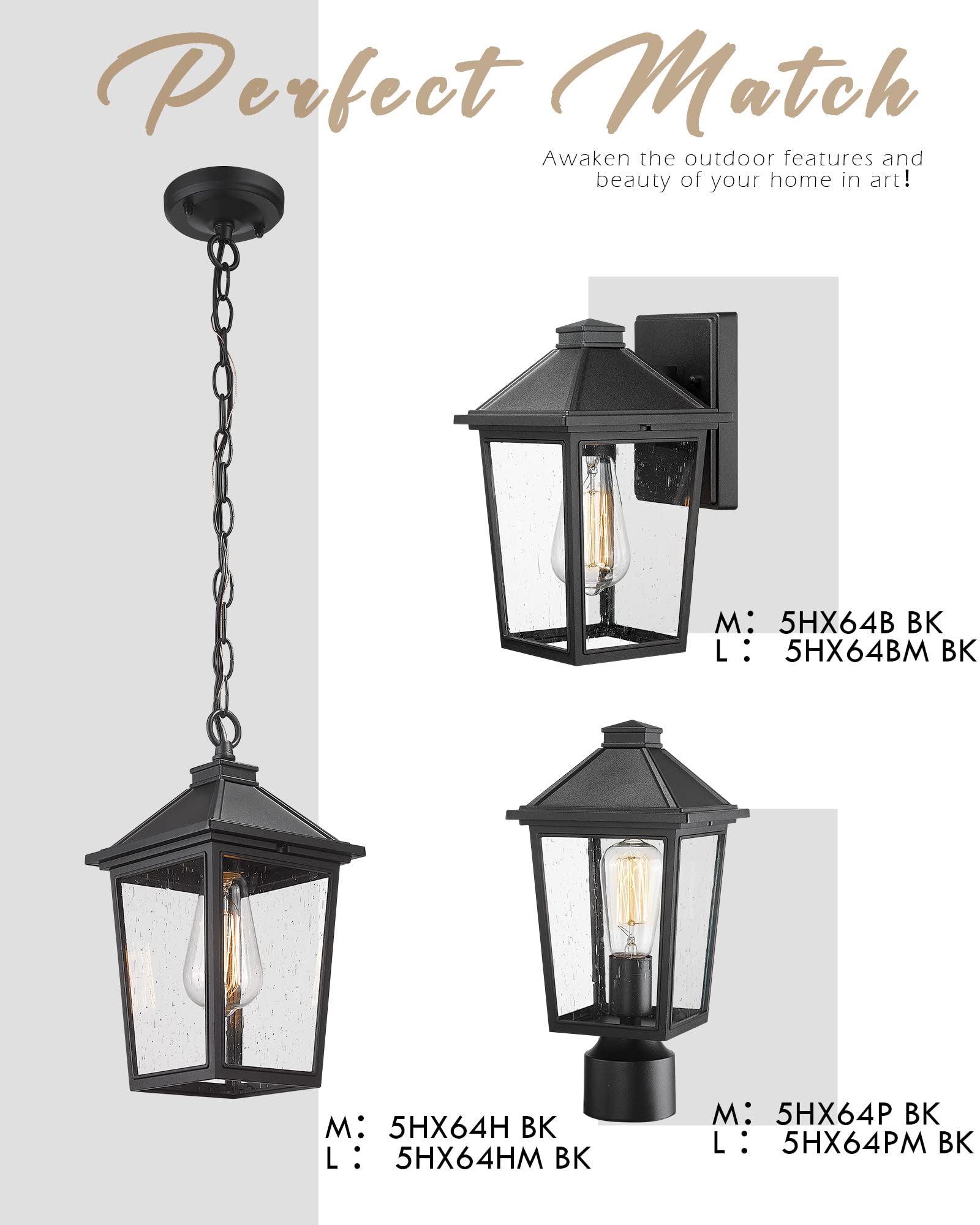 Outdoor Pendant Lights, HWH Farmhouse Exterior Hanging Porch Light, Outside Hanging Lantern with Height Adjustable Chain, Matte Black Finish with Seeded Glass, 5HX64H BK