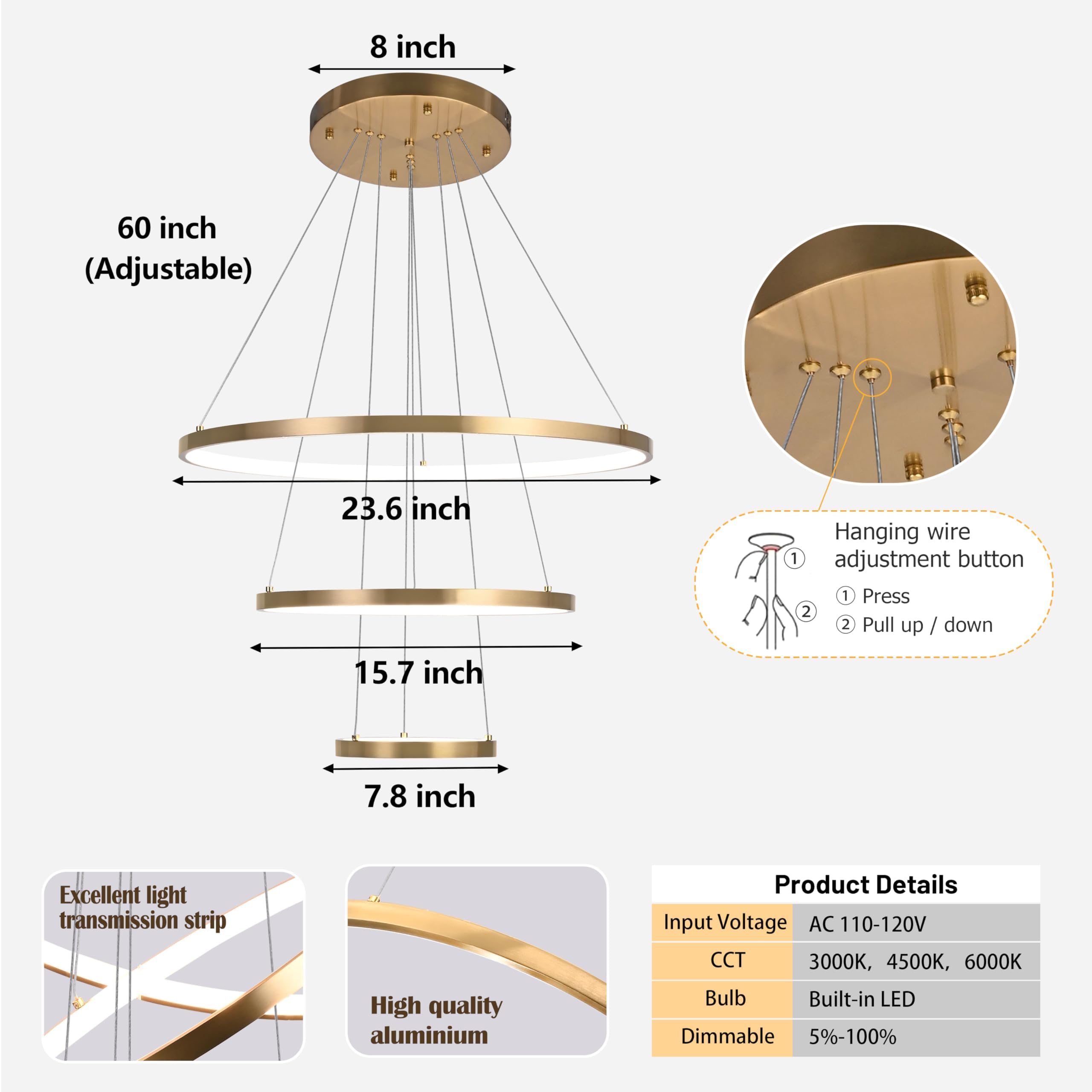 Modern LED Chandelier Contemporary Pendant Lighting Ring Light Fixture Gold with 4000K and 59in Height Adjustable Hanging Lamp for Kitchen Island Hallway Foyer Closet Corridor