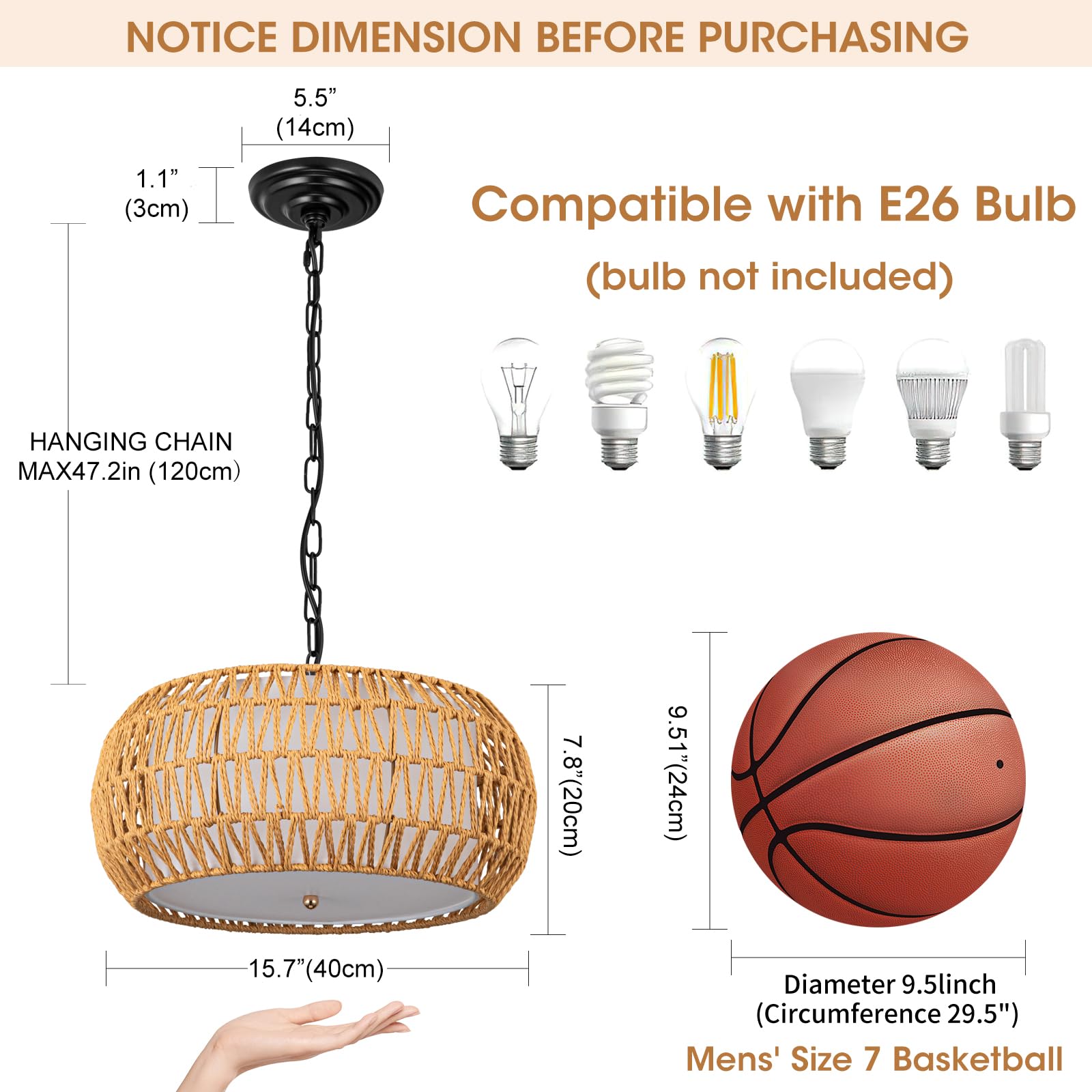 Rattan Pendant Light Fixture Basket Hanging Drum Chandelier Basket Light White Boho Ceiling Light Flush Mount Ceiling Light Woven Kitchen Chandelier for Dinning Room Hallway Bedroom Chandelier