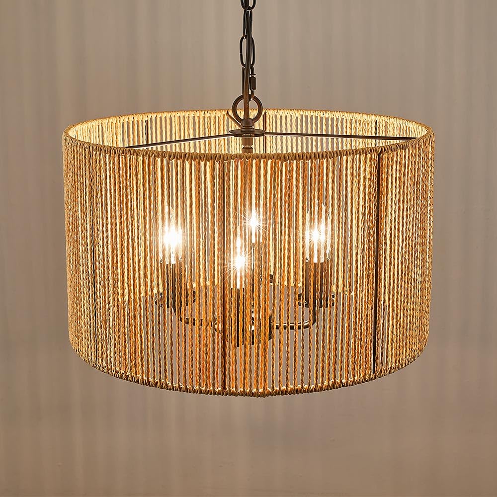 Rattan Wicker Drum Chandelier Light Fixtures,4 Light Boho Pendant Light Farmhouse Rustic Hand Woven Lighting for Dining Room Kitchen Island Living Room Bedroom