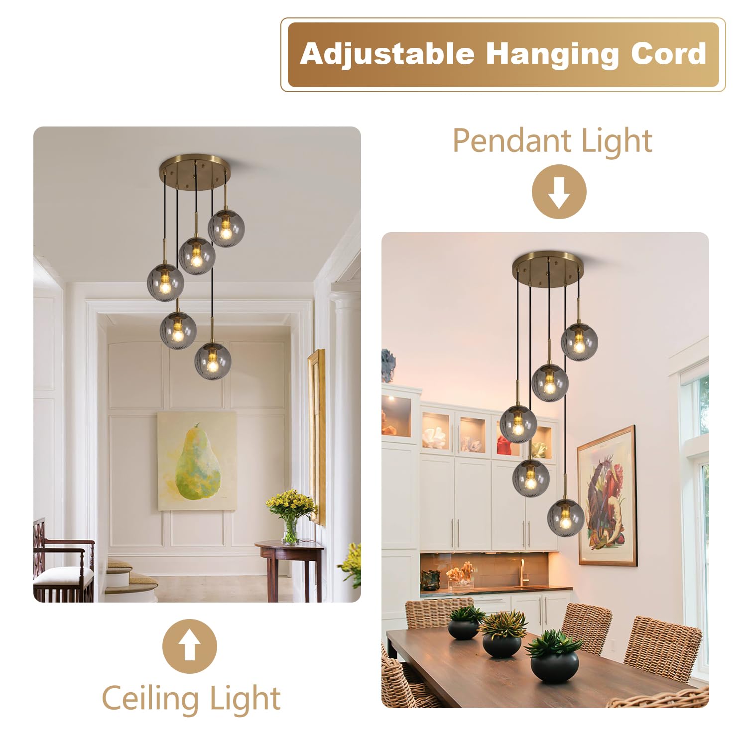 KCO Lighting Modern Gold 3 Light Hanging Pendant Light Large Smoke Glass Globe Cluster Chandelier Brush Brass Kitchen Island Light Fixture Nordic Multi Light Pendant Lighting