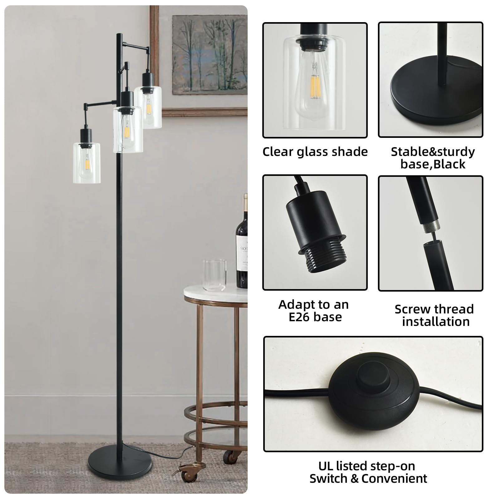 Farmhouse Floor Lamp for Living Room Bedroom, 3-Lights Floor Lamp with On/Off Foot Switch, Tall Pole Tree Standing Lamp Oil Rubbed Bronze with Amber Glass Shade, LED 3 Bulbs Included