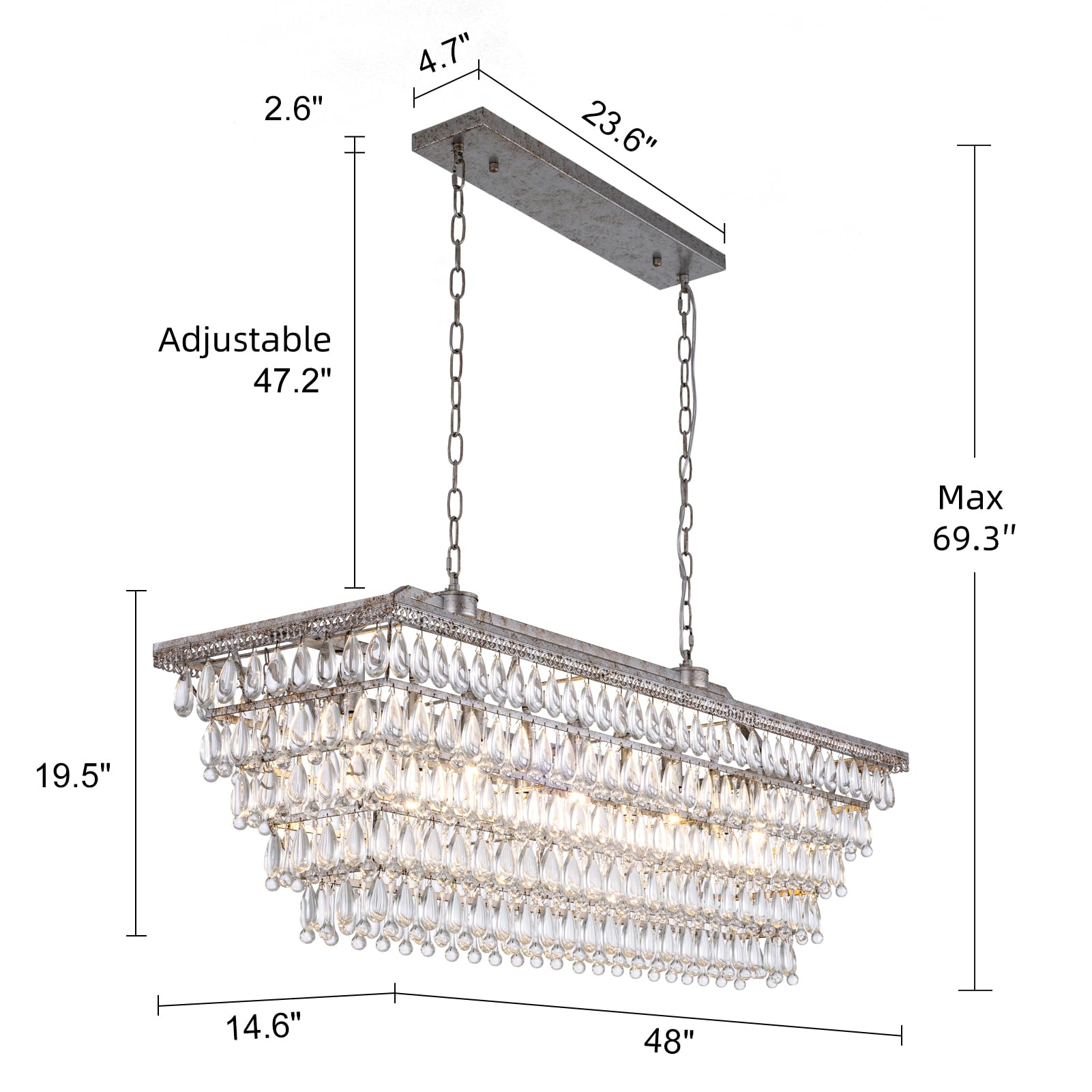 Dining Room Crystal Chandelier,30 inch Antique Bronze Rectangle Crystal Ceiling Light,4 Lights Farmhouse Kitchen Island Lighting,Adjustable Hanging Light Fixtures