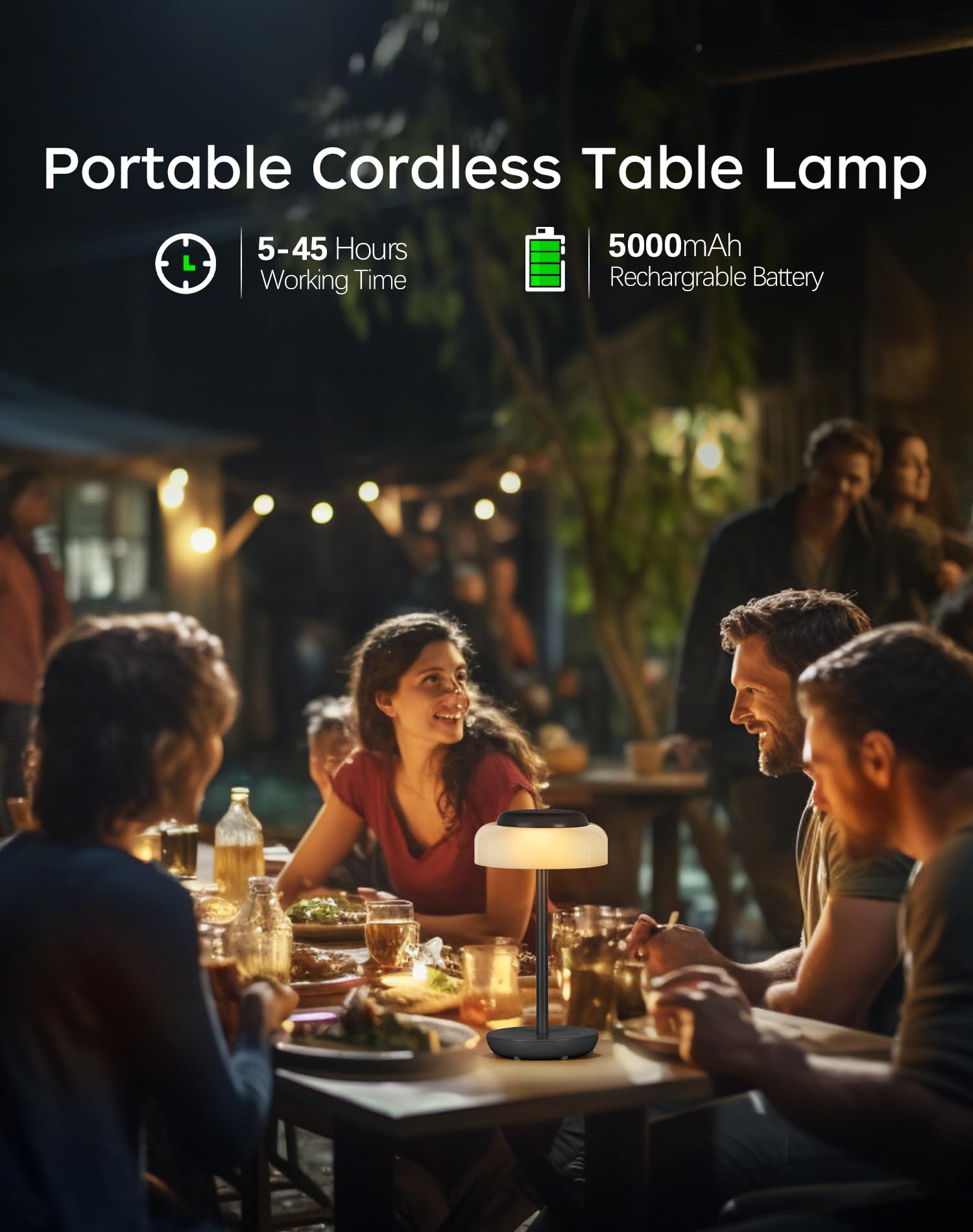 Battery Operated LED Table Lamp, 5000mAh Waterproof Cordless Desk Lamp with 3 Level Brightness Touch Control, Mini Rechargeable Night Light for Living Room, Bedroom, Outdoor bar (Black)