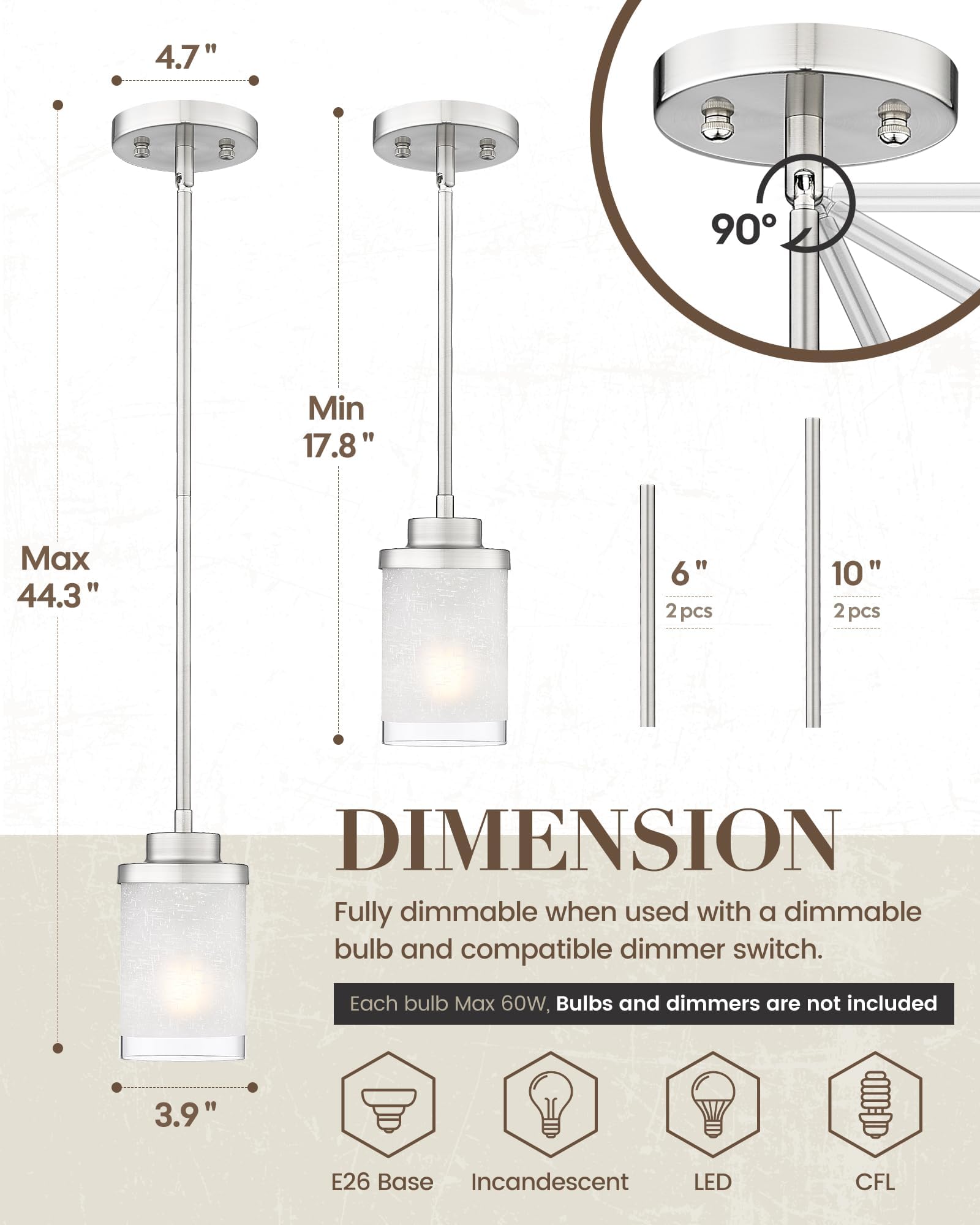 TENGXIN 3-Lights Modern Pendant Light with Glass Shade Brushed Nickel Pendant Lighting Adjustable Industrial Retro Style Hanging Light Fixture for Kitchen, Farmhouse