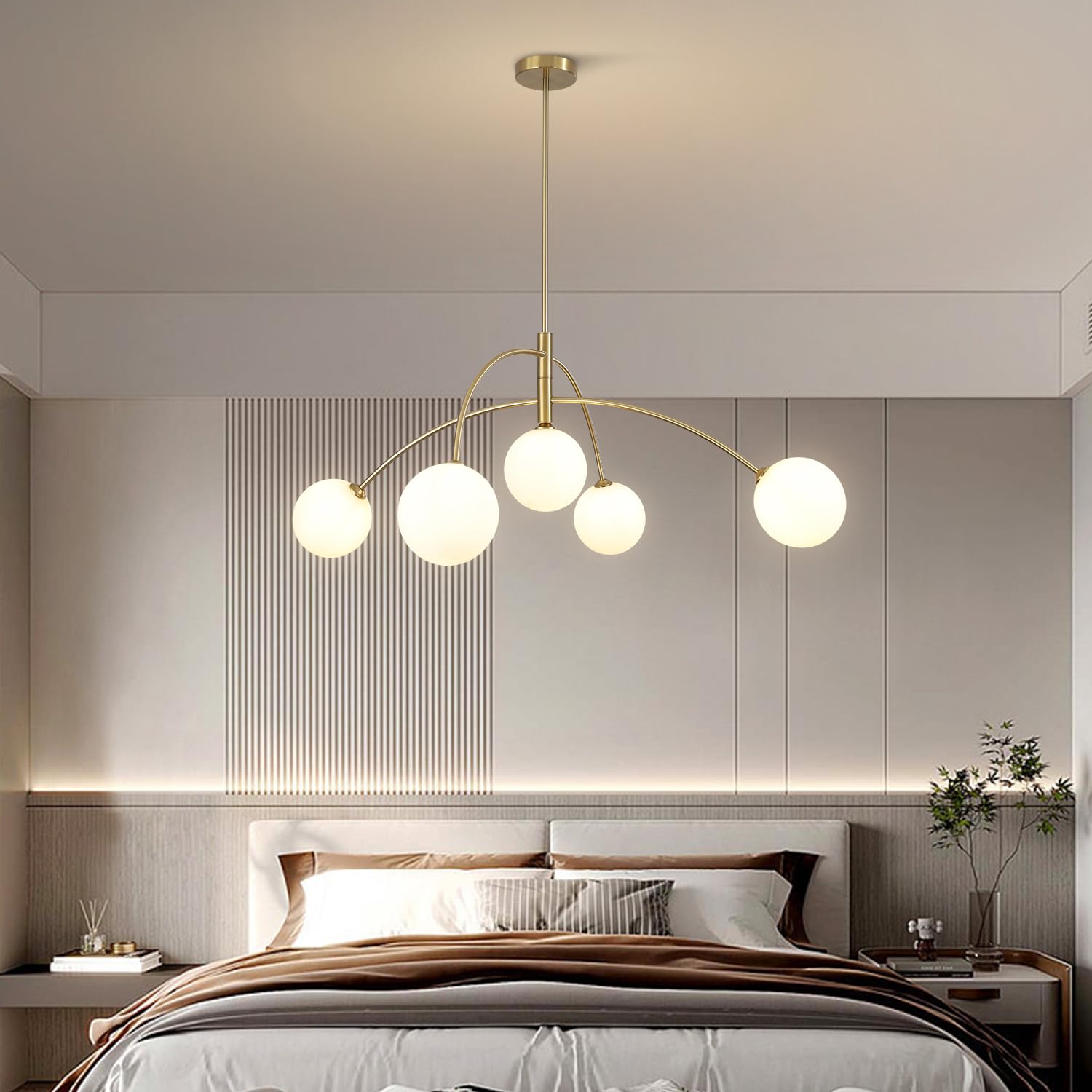 5 Light Modern Brass Chandelier Fixture White Clear Globe Glass Shade Pendant Light Gold Kitchen Ceiling Large Chandelier for Dining Room Kitchen Bedroom