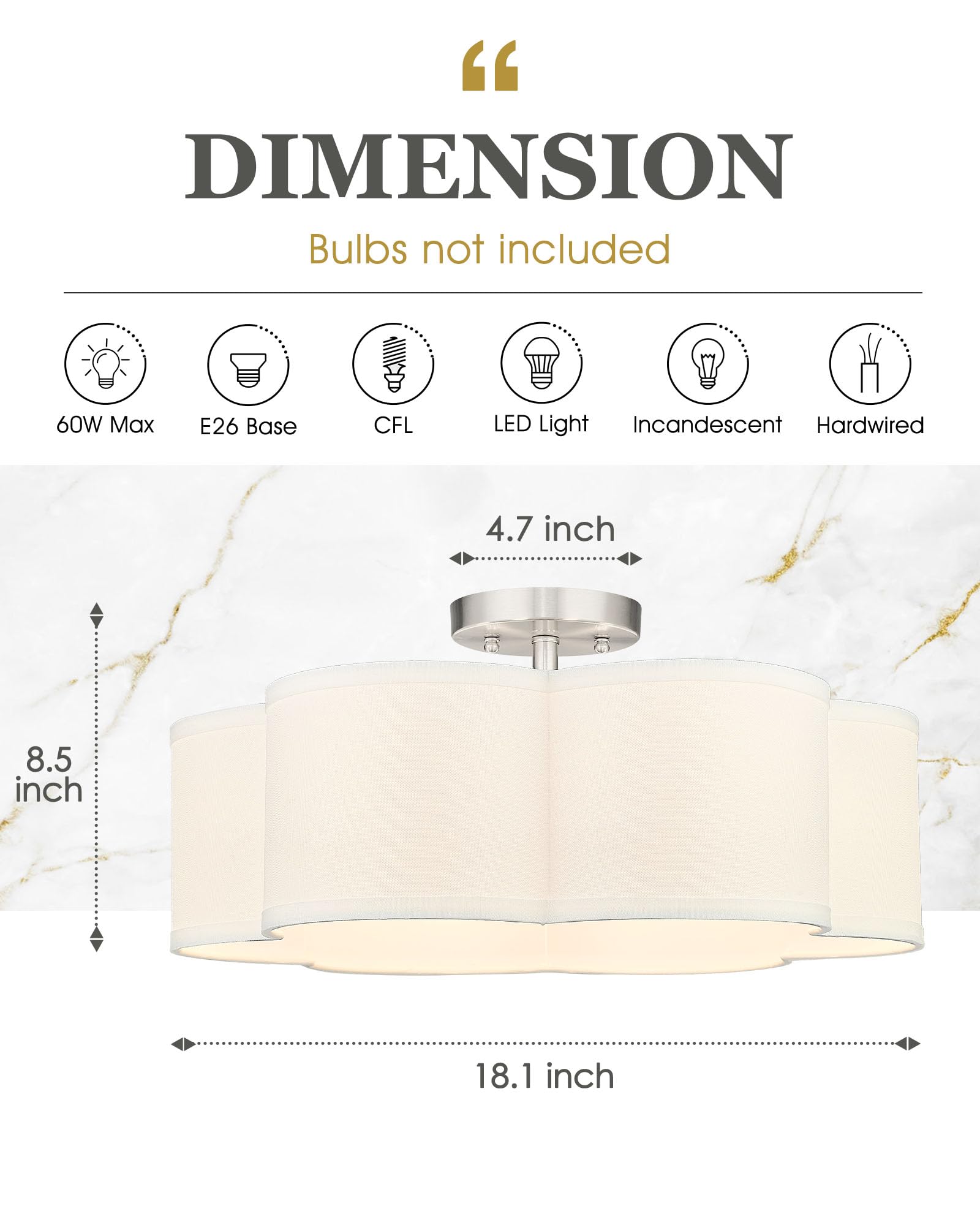 Gold Semi Flush Mount Ceiling Light, Close to Ceiling Light Fixtures with Fabric Shade in Quatrefoil Shape, Farmhouse Brass Ceiling Light for Kitchen Dining Hallway Bedroom, AD-22007-4SF-GD