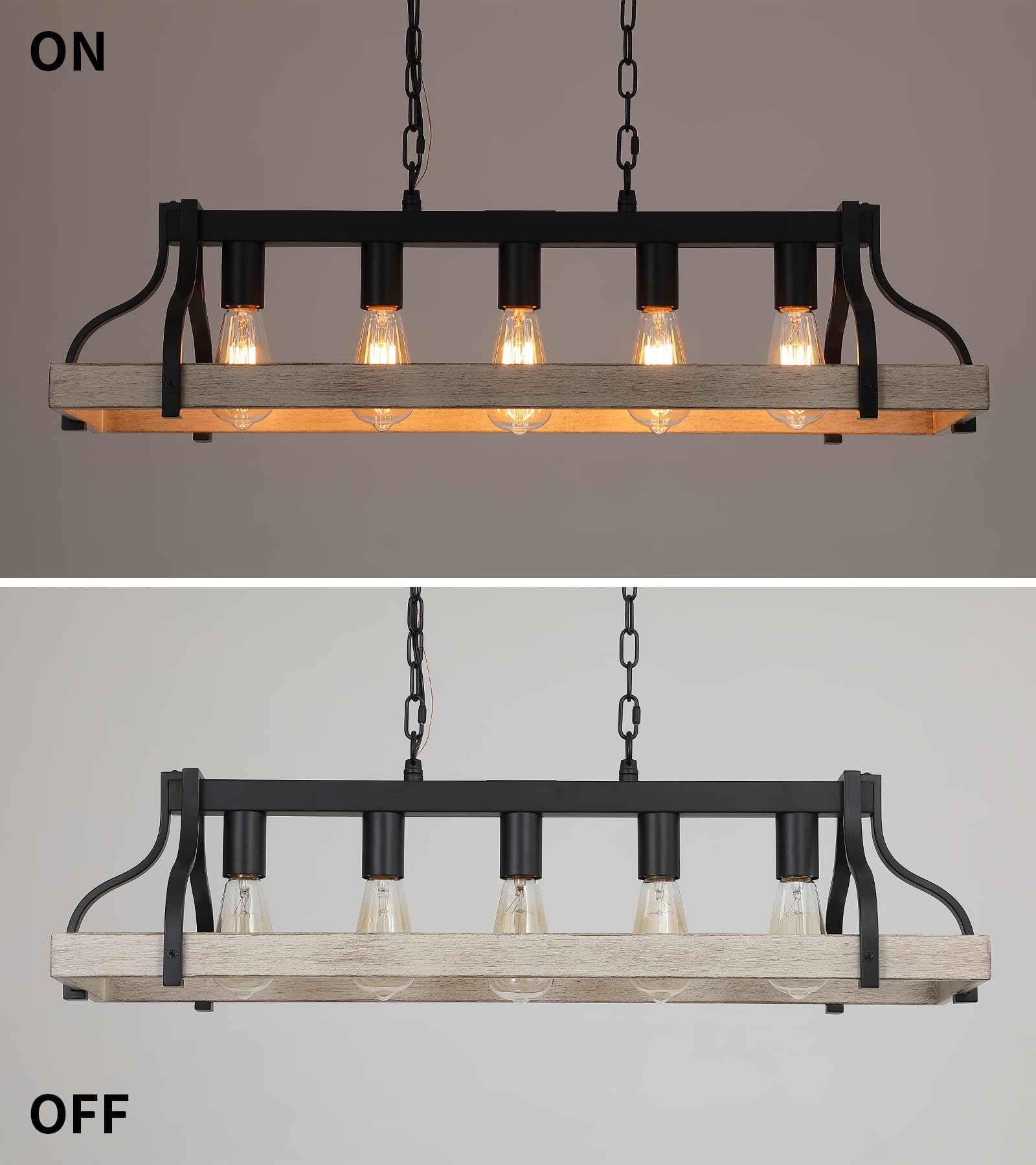 Rustic Kitchen Island Dining Room Light Fixture Farmhouse Linear Chandelier Black and Retro Wood Finish 5-Light Industrial Metal Hanging Pendant Light UL Listed L33.5 W10.6