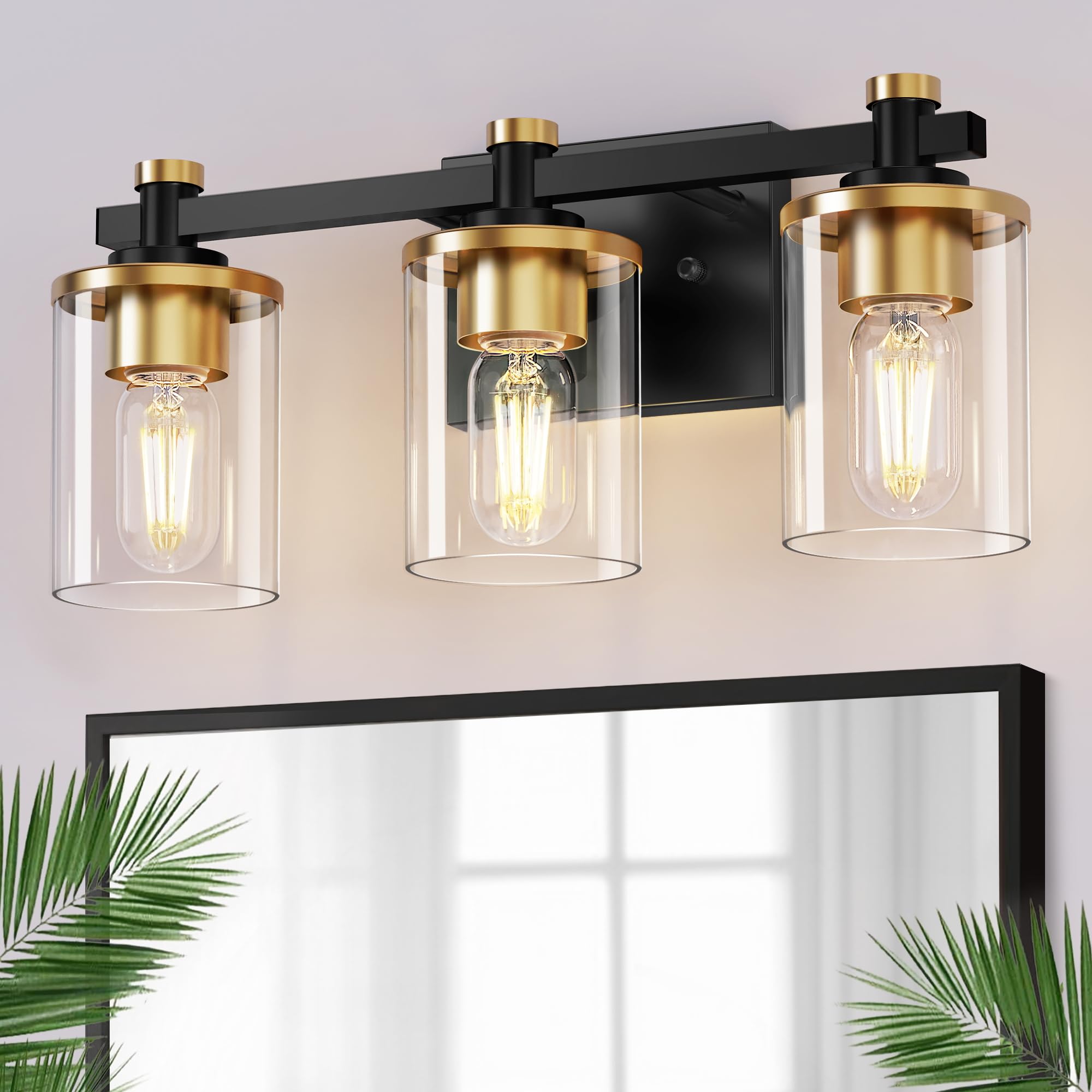 LED 3 Light Bathroom Vanity Light, Black and Gold Bathroom Light Fixture Over Mirror, Modern Lighting Fixtures with Clear Glass Shade, Vintage Vanity Lights for Bathroom Mirror Hallway, ETL