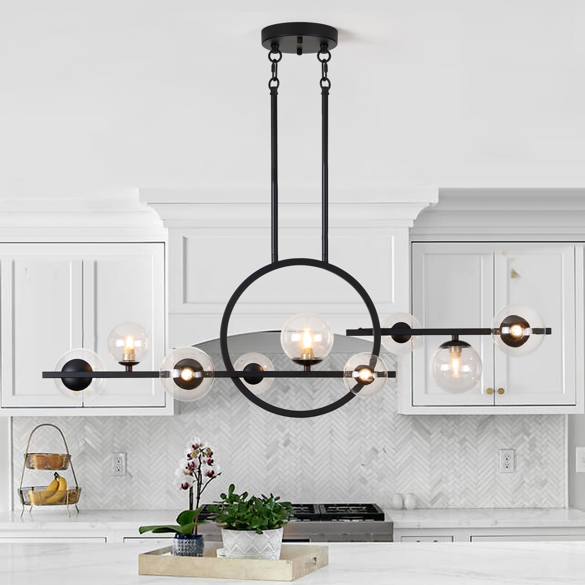 Modern Gold Chandelier for Dining Room Over Table Above Kitchen Island 9-Light Fixture Hanging Farmhouse Lighting Fixtures Ceiling Pendant Linear Chandelier with Clear Glass Globe Shade-Brushed Golden