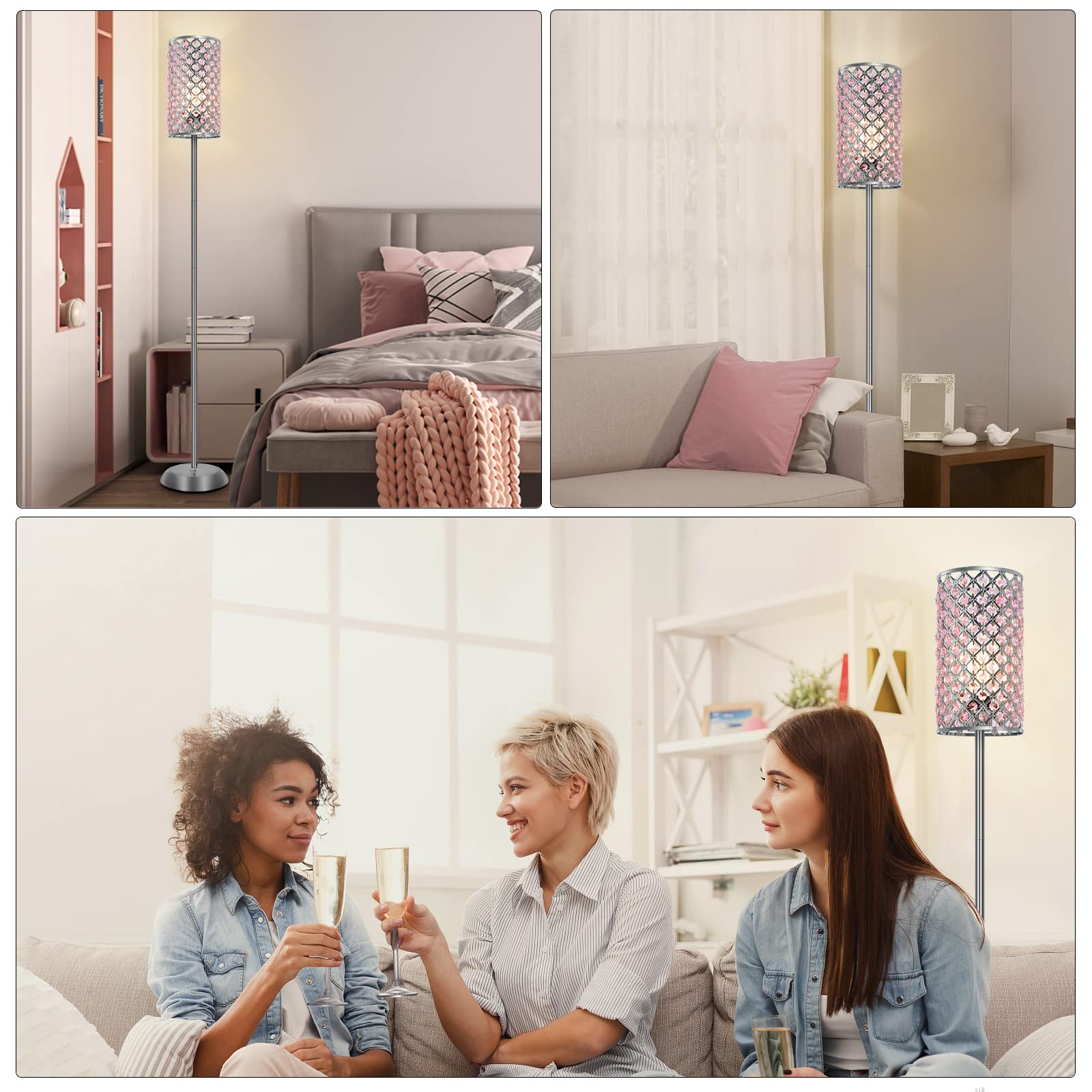 Crystal Floor Lamp, Elegant Standing Lamp Modern Floor Lamp Silver Finish Tall Pole Lamp Accent Light with On/Off Foot Switch for Living Room, Girl Bedroom, Dresser, Office