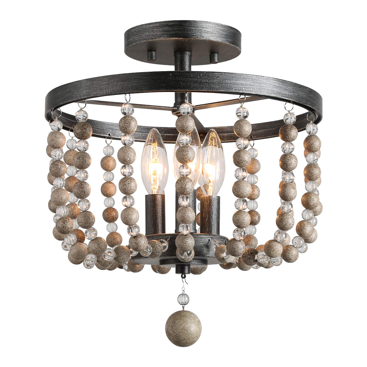 Ceiling Light Fixture, 3-Light Bohemian Lighting for Entryway, Foyer, Distressed Wood Bead Chandelier, Dark Silver Brushed, 12 D” x 13.6” H