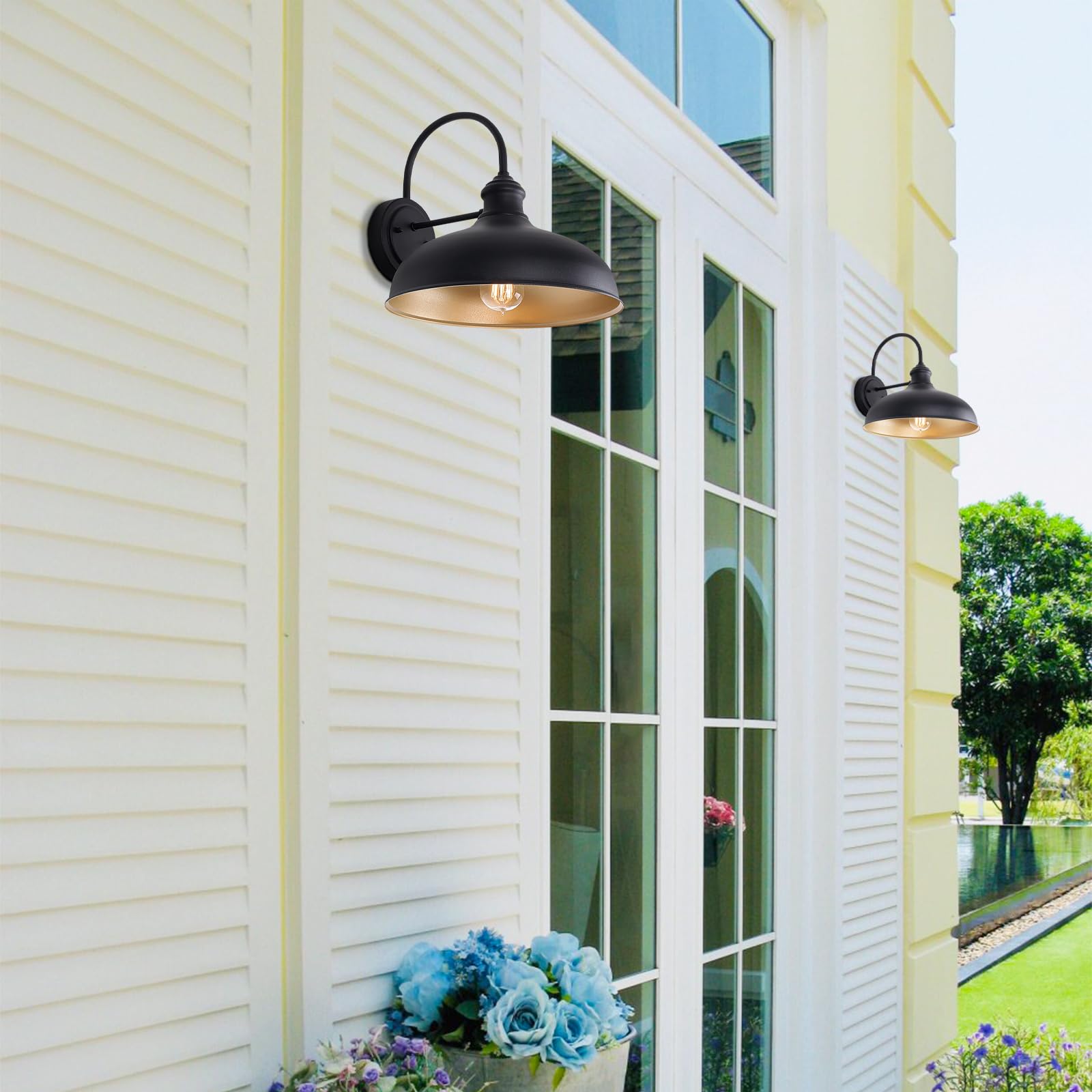 Wall Lights for Farmhouse, 2 Pack Outdoor Barn Light Fixture, Exterior Wall Mount Lighting with Gold Interior, 7in. Small Wall Sconce for Porch, Garage, Patio