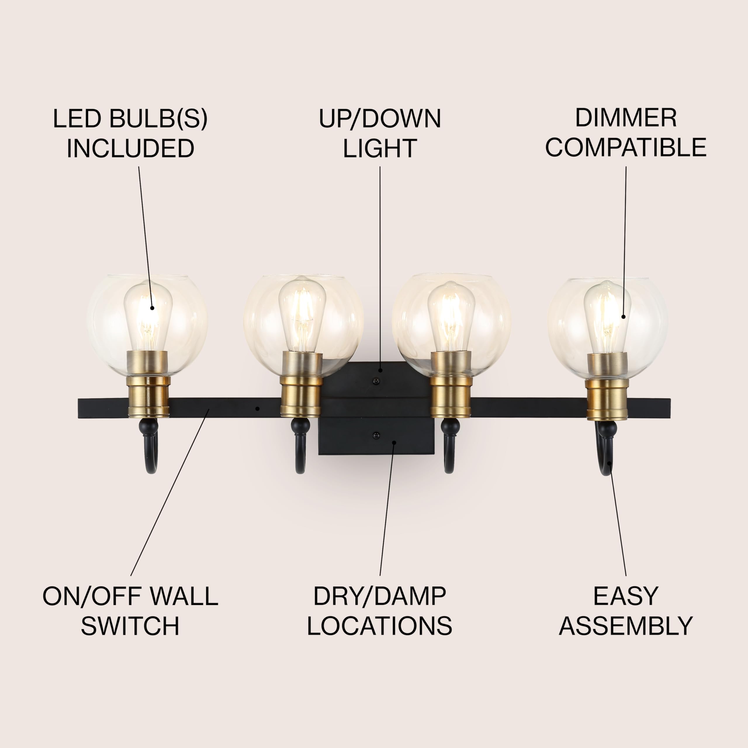 5.88" 1-Light Iron/Glass Rustic Vintage LED Vanity Light Industrial Bohemian 2700K LED 4W Bulb Entryway Lobby Kitchen Bathroom Bedroom Living Room Hallway, Black/Brass Gold