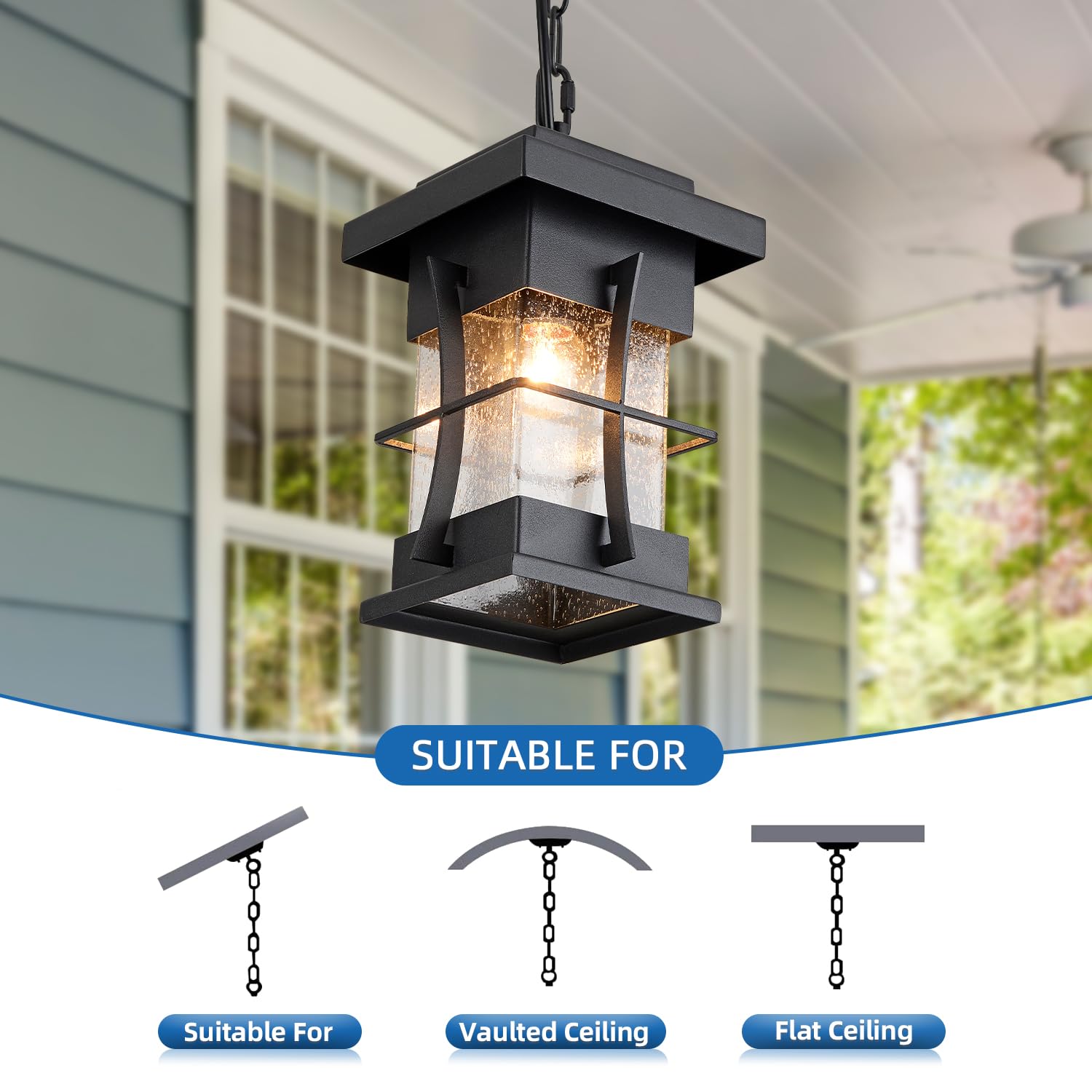 Outdoor Pendant Light Fixture with Dusk to Dawn Sensor Exterior Hanging Lantern with Adjustable Chain Black with Seeded Glass Outside Lights for House Patio Front Porch Lighting