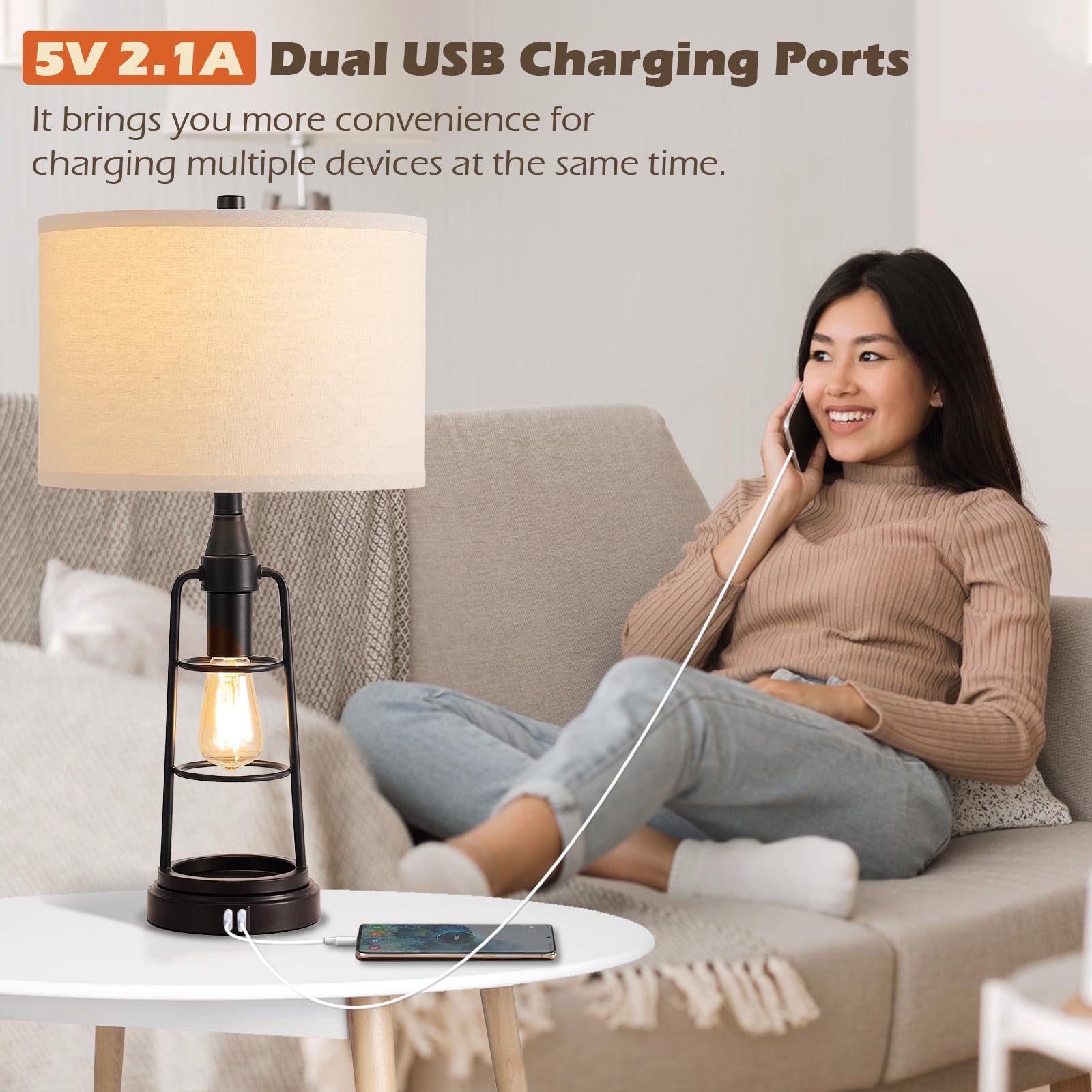 Farmhouse Dual USB Charging Ports 3-Way Dimmable Touch Control Table Lamp with Nightlight Black Bedside Lamps Lamps for Living Room Bedroom